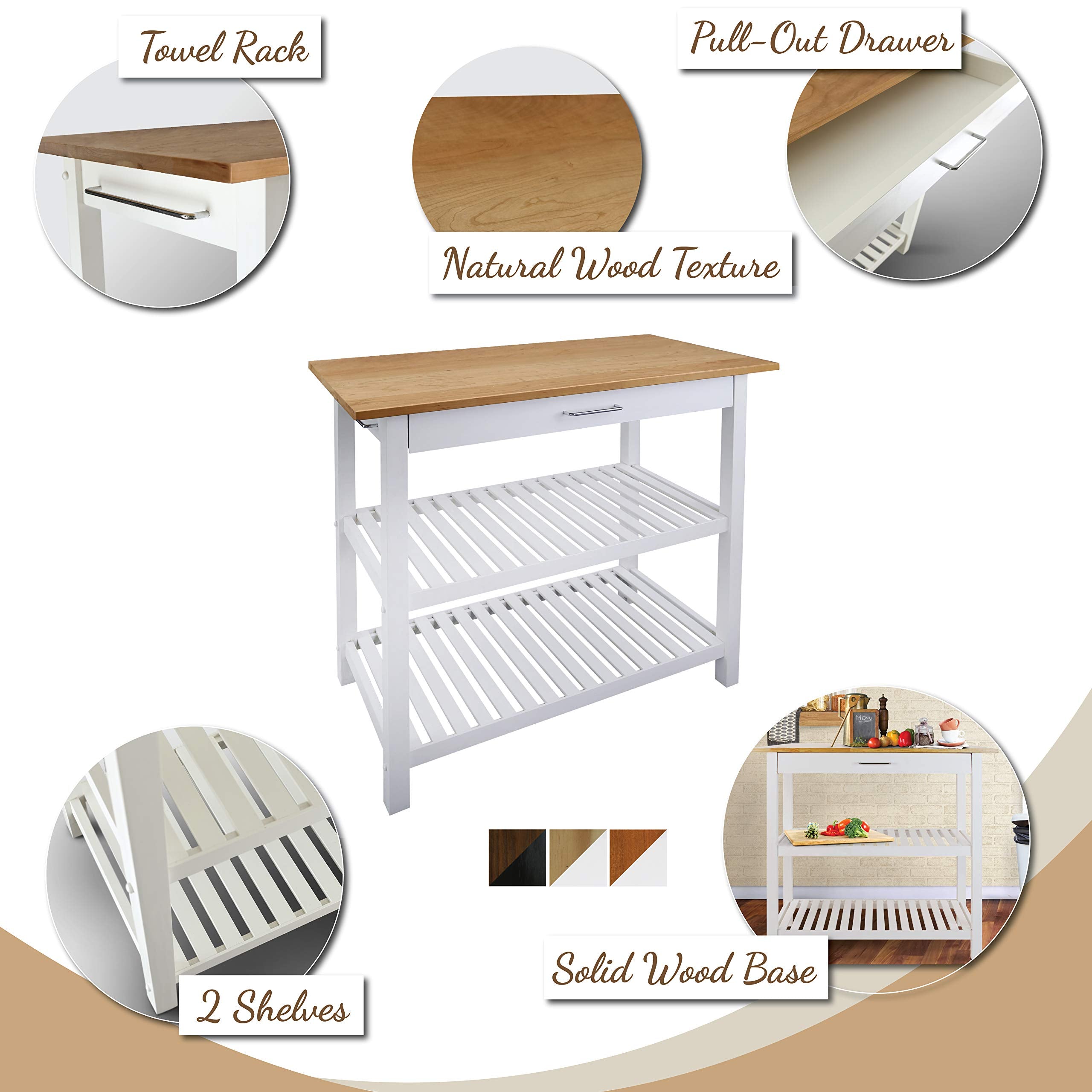 Casual Home Kitchen Island with Solid American, Two-Tone(White Base, Natural Cherry Top)