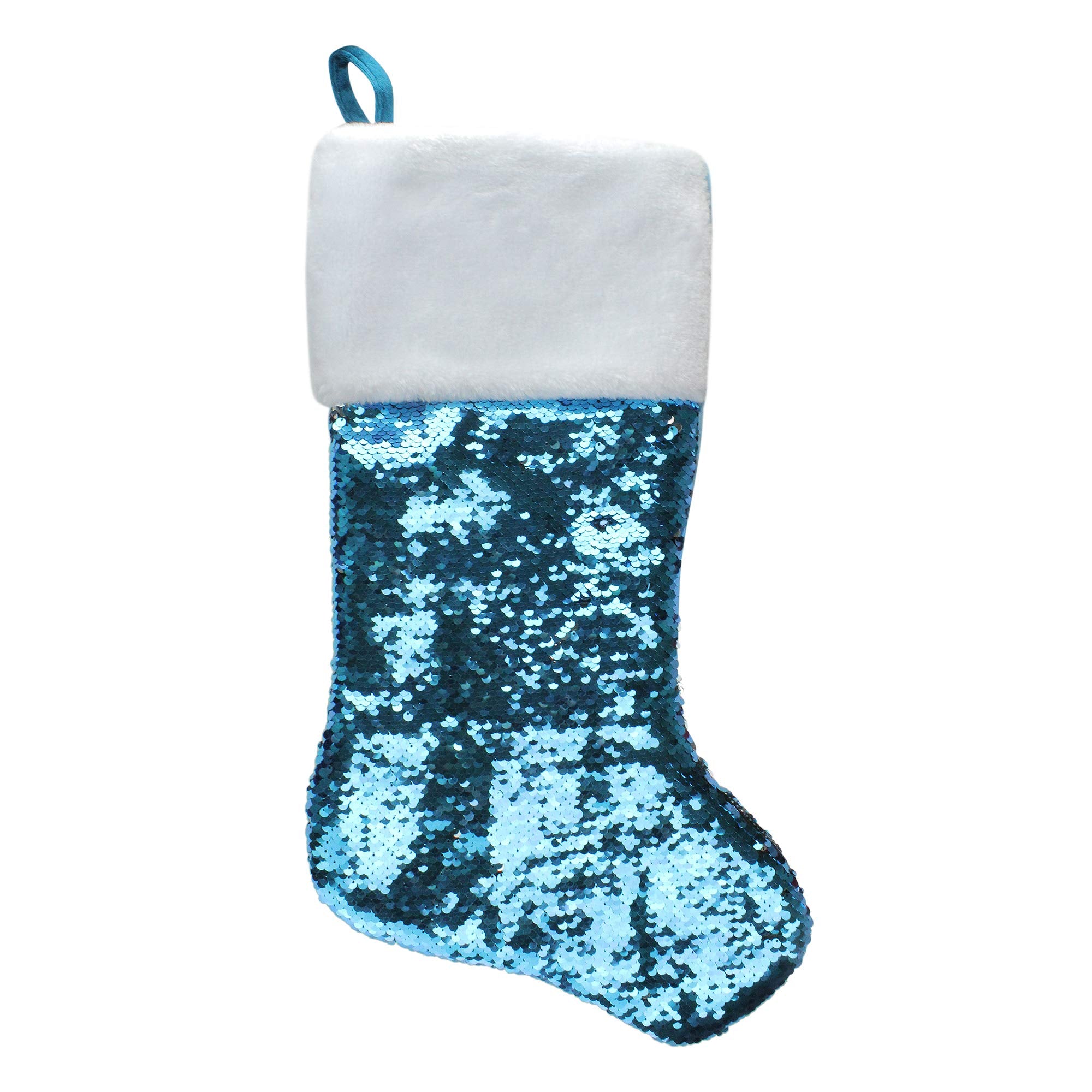 Northlight 22.75 Sky Blue and Silver Reversible Sequined Christmas Stocking with Faux Fur Cuff