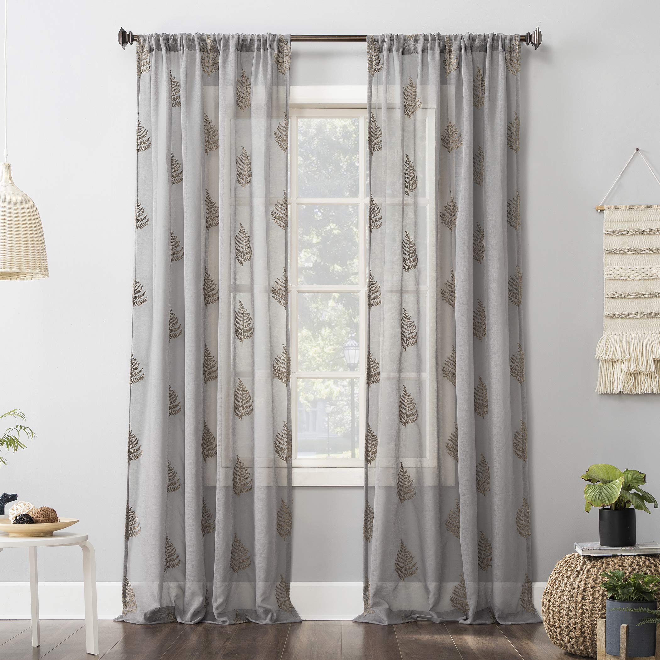 No. 918 Fern Embroidered Fern Sheer Rod Pocket Curtain Panel, 50 x 63, Gold/Gray