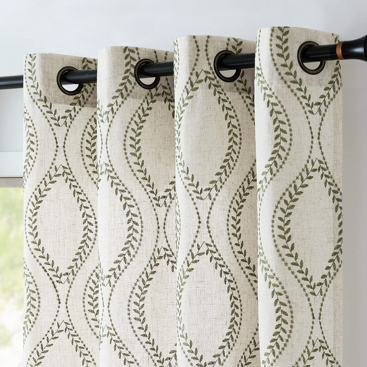 Jinchan Linen Curtains Beige Farmhouse Curtains 84 Inches Long Green Embroidered Leaf Curtains For Living Room Ogee Geometry Dra
