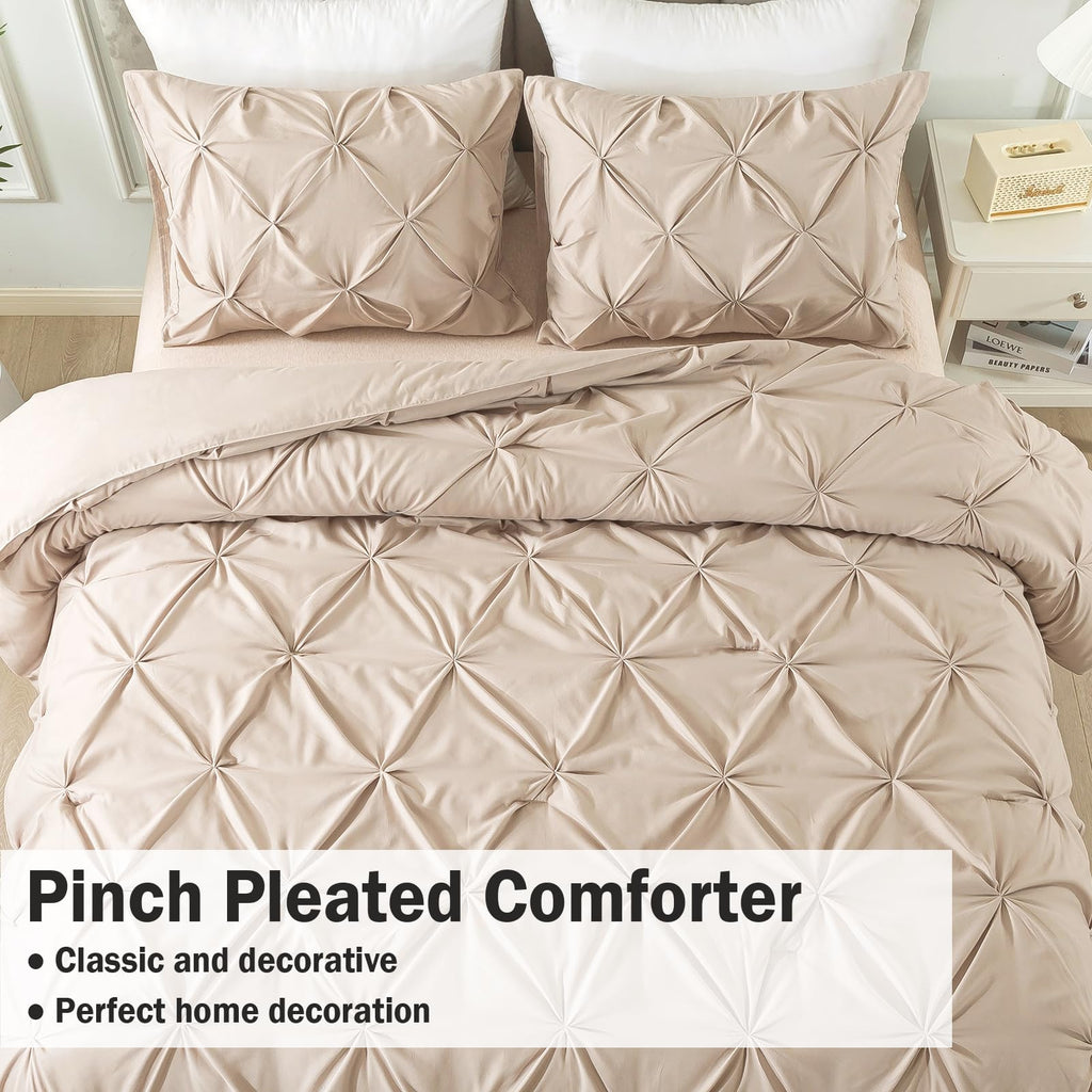 Andency California King Comforter Set Wheat (104X96Inch), Pinch Pleat Cal King Comforter Set 3 Pieces, Oversized King Pintuck Bed Comforter, Microfiber Down Alternative Comforter Bedding Set