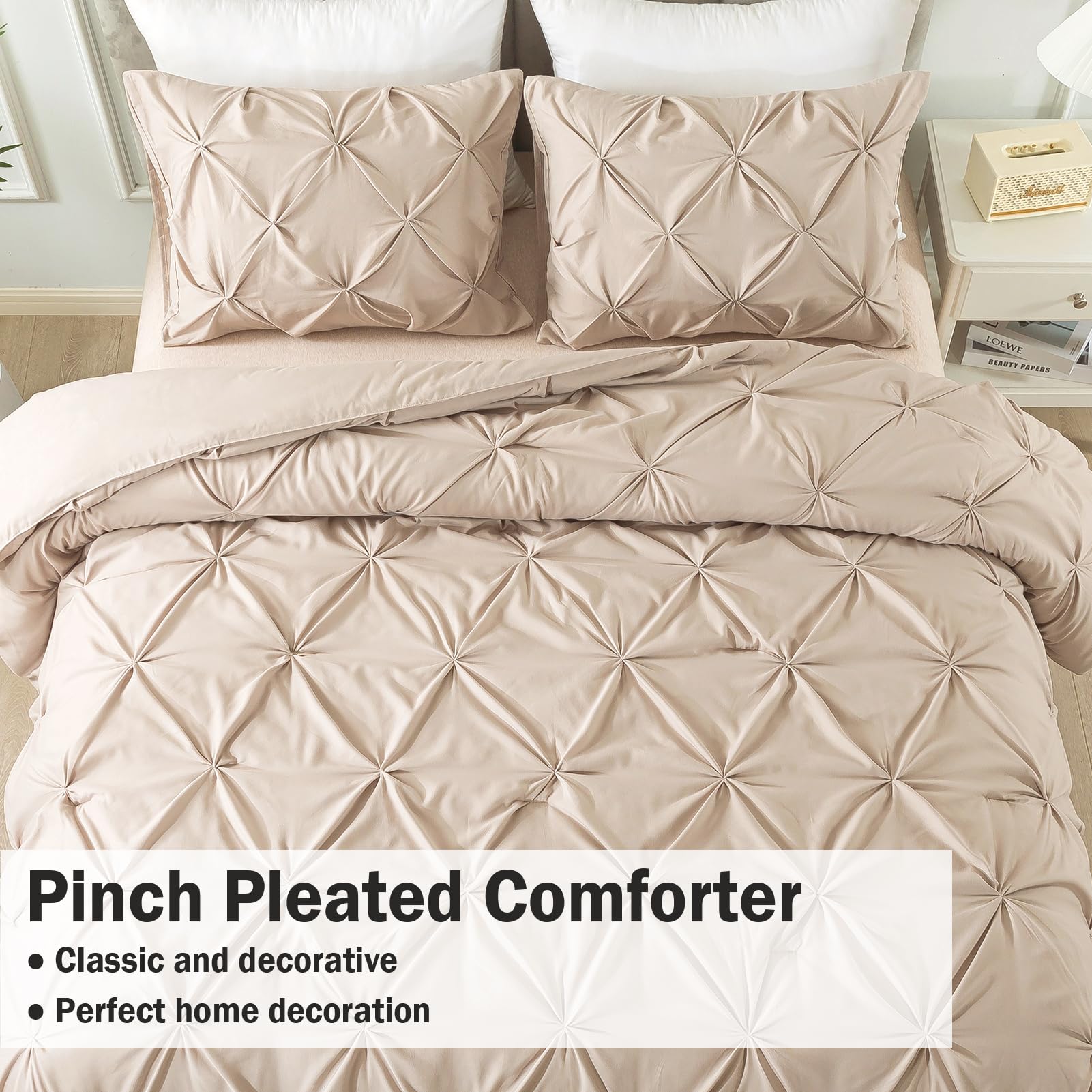 Andency California King Comforter Set Wheat (104X96Inch), Pinch Pleat Cal King Comforter Set 3 Pieces, Oversized King Pintuck Bed Comforter, Microfiber Down Alternative Comforter Bedding Set