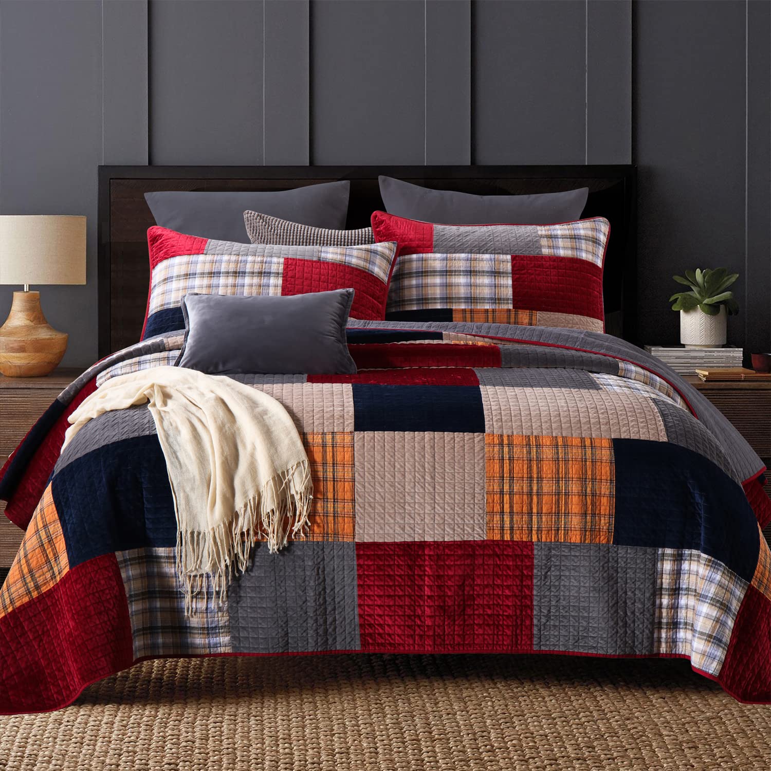 Secgo Imports Velvet King Size Comforter Set- Cotton & Velvet Quilt King Size Set, Red, Black Bedspreads (96 * 108 Inch) With 2