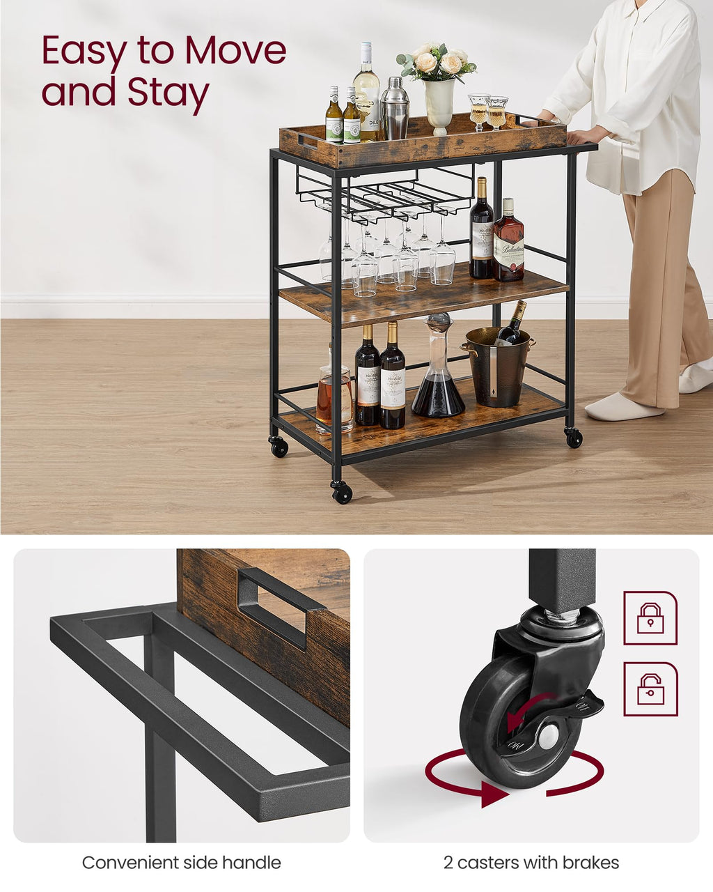 Vasagle Kitchen Serving Cart With Removable Tray, 3-Tier Kitchen Utility Cart On Wheels With Storage, With Brakes, Leveling Feet, 15.7 X 34.6 X 37.8 Inches, Rustic Brown And Black Ulrc093B01