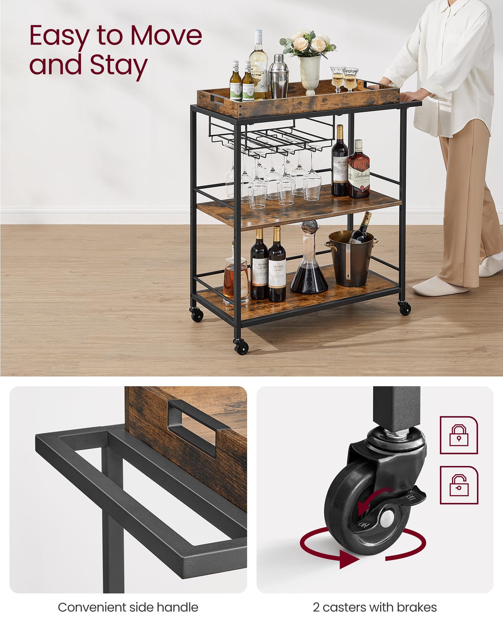 Vasagle Kitchen Serving Cart With Removable Tray, 3-Tier Kitchen Utility Cart On Wheels With Storage, With Brakes, Leveling Feet, 15.7 X 34.6 X 37.8 Inches, Rustic Brown And Black Ulrc093B01