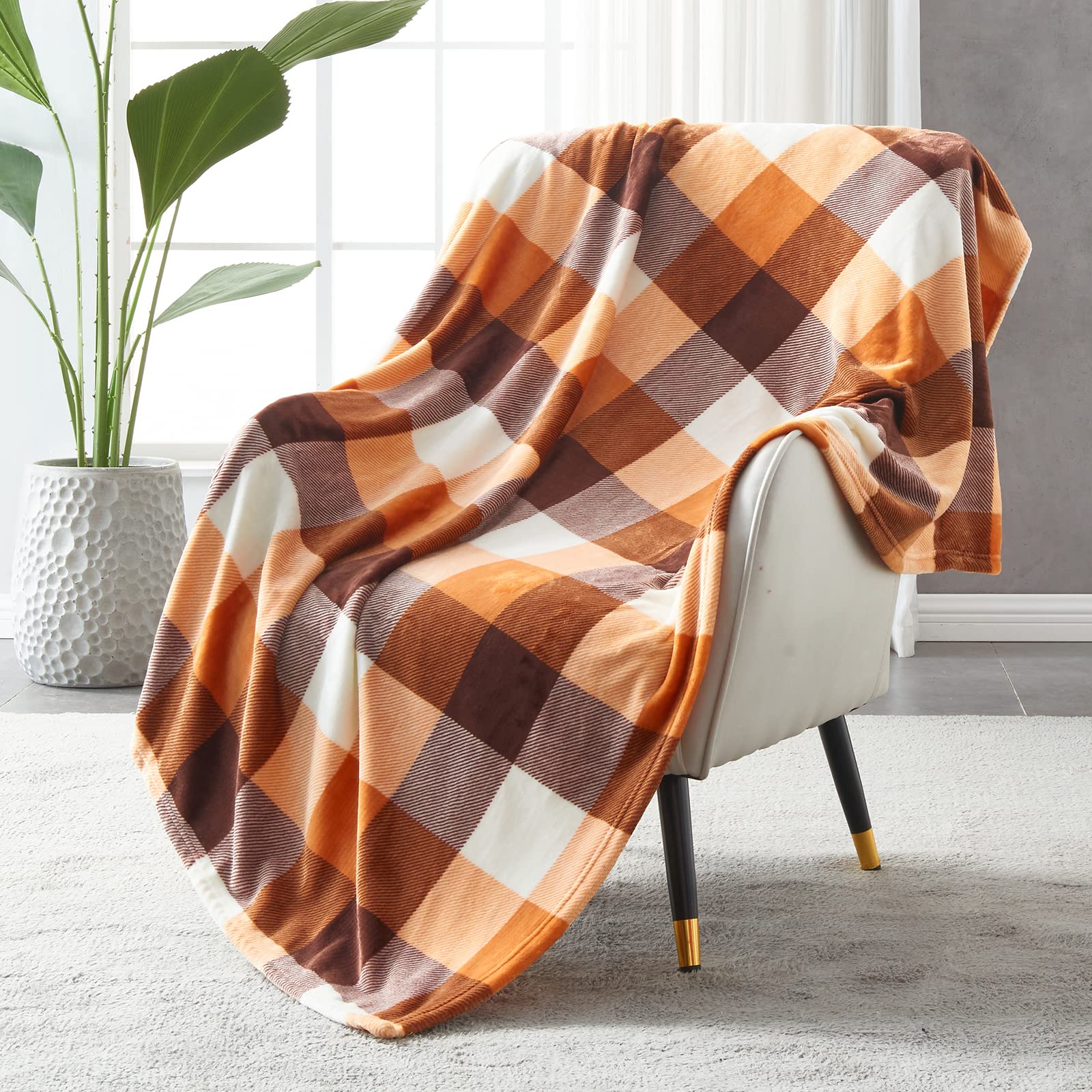 Sochow Buffalo Plaid Flannel Fleece Throw Blanket 50 X 60 Inches, Soft Lightweight Cozy All Season Orange Checkered Blanket For