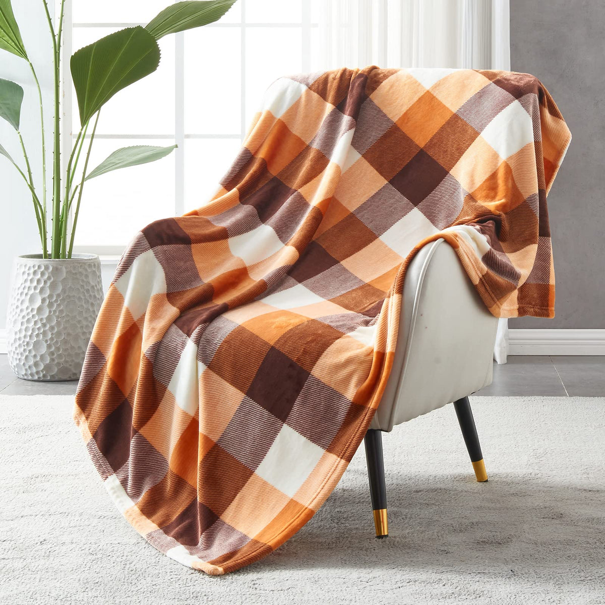 Sochow Buffalo Plaid Flannel Fleece Throw Blanket 50 X 60 Inches, Soft Lightweight Cozy All Season Orange Checkered Blanket For
