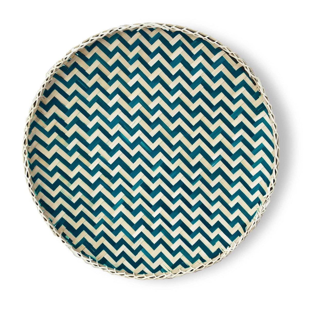 HomeRoots Wave Blue 20' Teal and Natural Wicker Chevron Round Handmade Basket Tray