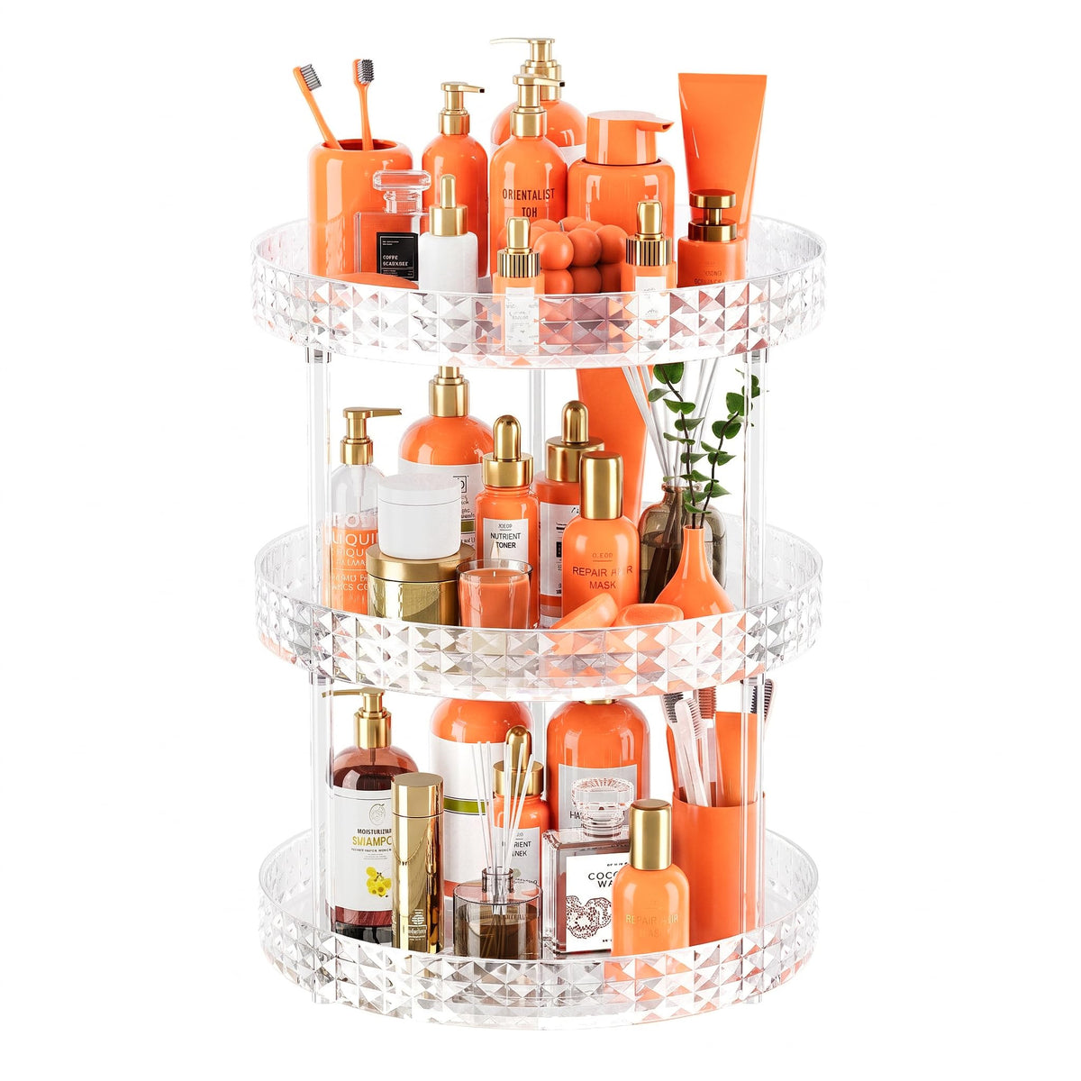 3Tier Diamond Lazy Susan Bathroom Countertop Organizer, 360 Clear Rotating Makeup Cosmetic Perfume Storage Tray, Spinning Vanity
