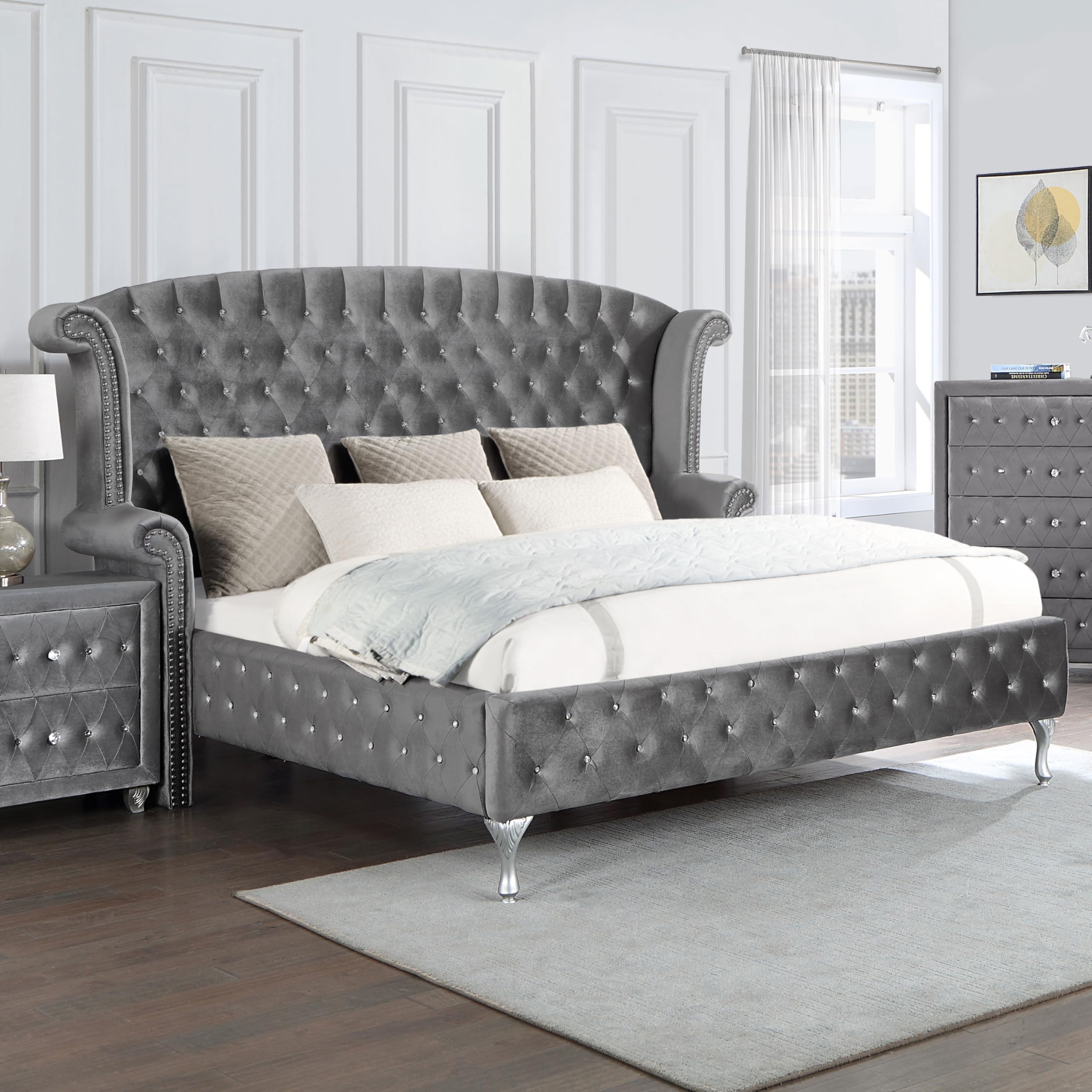 Coaster Home Furnishings Deanna Modern Classic Velvet Upholstered Queen Size Wingback Bed Frame Platform Bed 66-inch Headboard Grey 205101Q