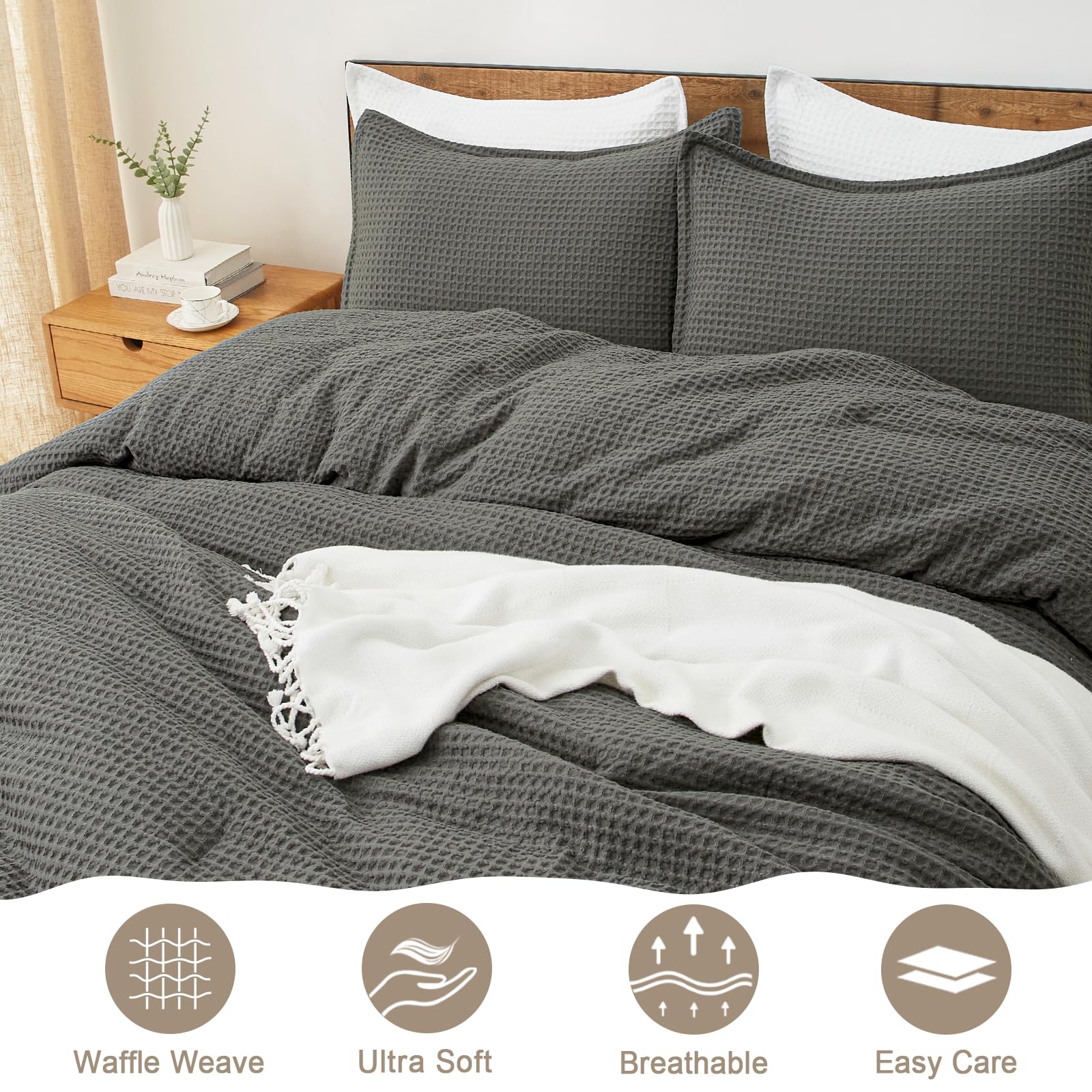 Phf 3 Pieces Waffle Weave Comforter Set King Size, Lightweight Breathable Comfy Bedding Set For All Season, Ultra Soft Textured
