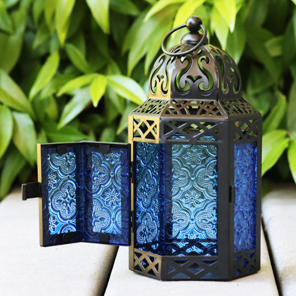Small Black Metal Decorative Moroccan Lantern Candle Holder Lamp - Indoor/Outdoor, Home Decor, Patio, Weddings, Christmas, Cobal