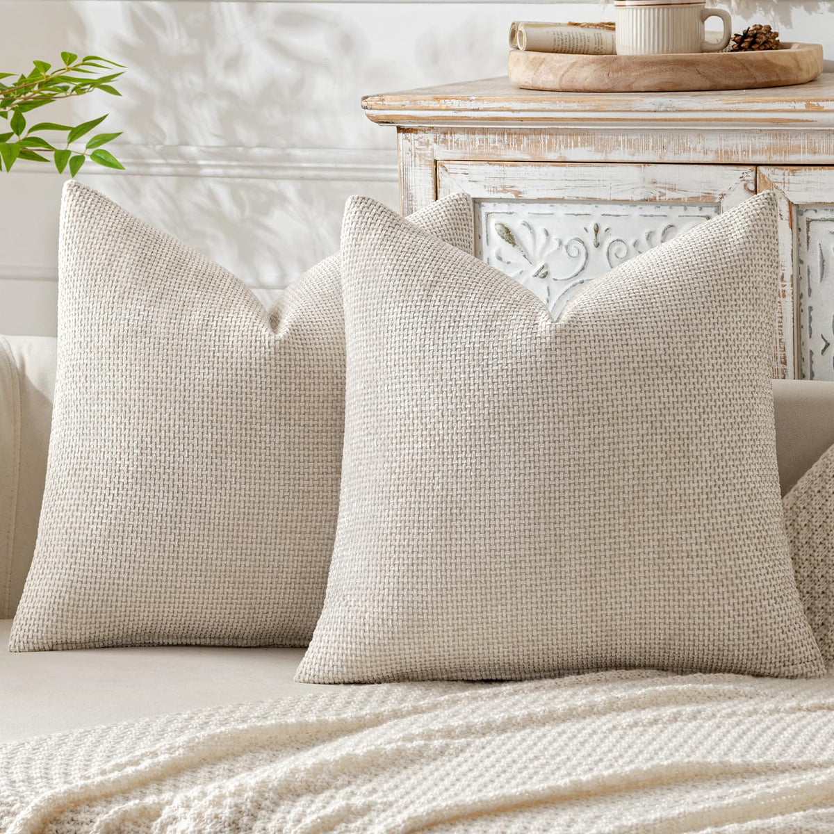 Miulee Pack Of 2 Beige Decorative Pillow Covers 20X20 Inch Soft Chenille Couch Throw Pillows Farmhouse Natural Cushion Covers Fo