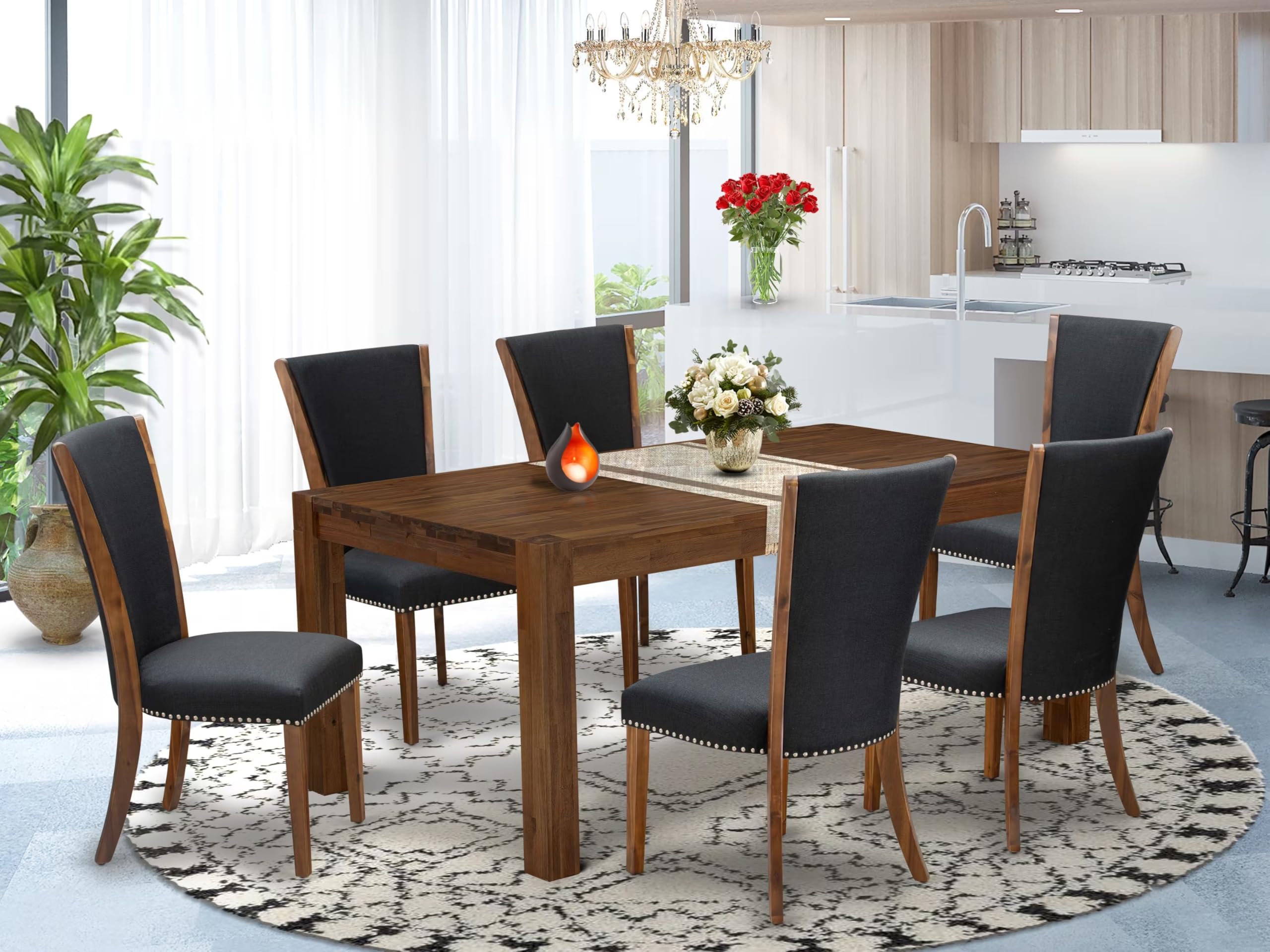 East West Furniture Lmve7-N8-24 7 Piece Dinette Set Consist Of A Rectangle Rustic Wood Dining Room Table And 6 Black Color Linen Fabric Parsons Dining Chairs, 40X72 Inch, Natural