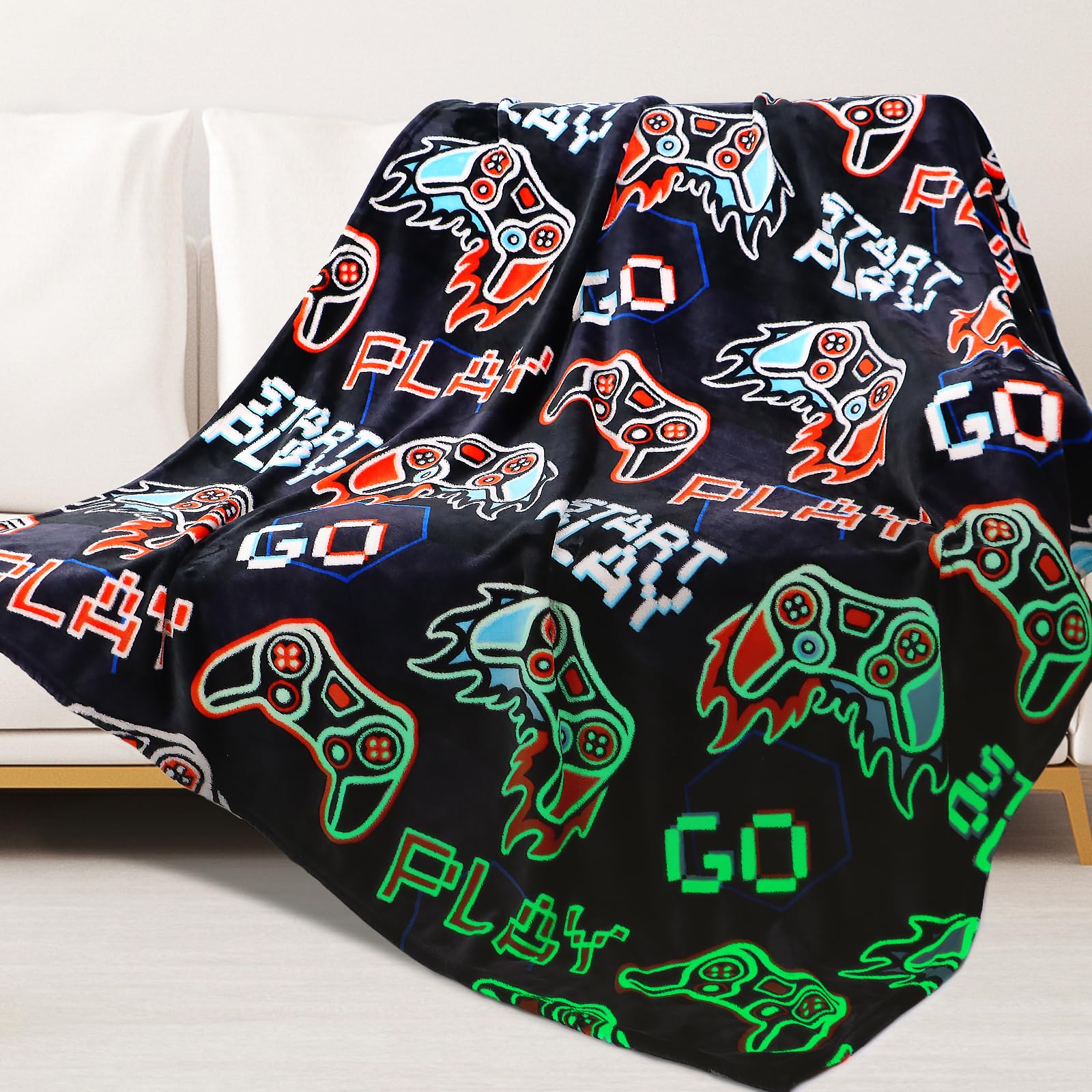 Ordm Game Controller Gifts For Boys Glow In The Dark Blanket Kids Gaming Controller Throw Blanket Toys For Ages 5-7 Game Decor B