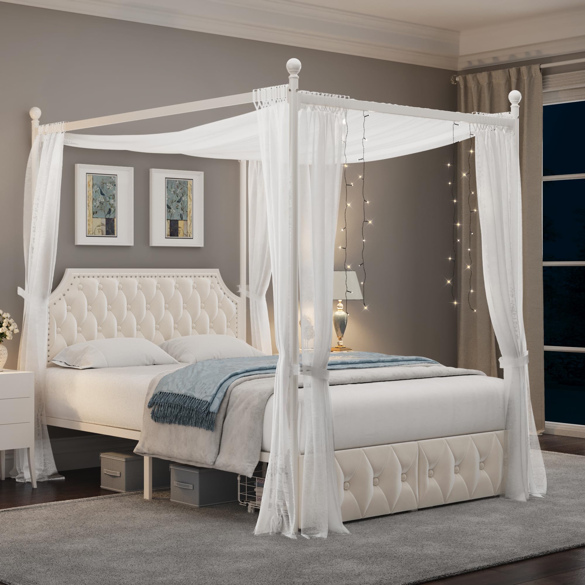 Keyluv Queen Upholstered Canopy Bed Frame With 2 Drawers And Button Tufted Headboard, Metal Platform Bed With 4 Removable Posts Two-Purpose Velvet Bed No Box Spring Needed, Beige/Curtains Not Included