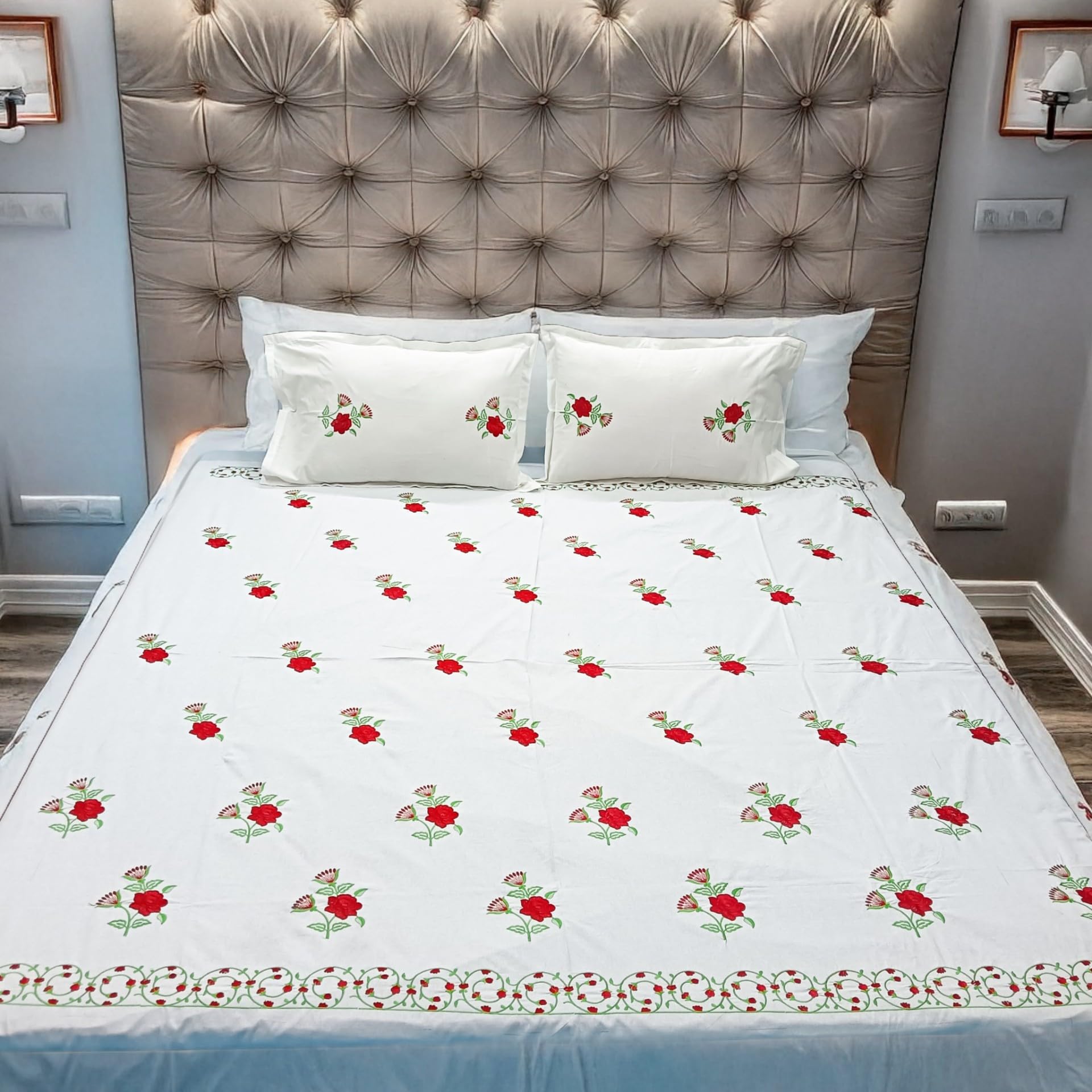 Arsha Chikankari 100% Cotton Queen Size Bedsheet For Double Bed, 1 Bed Sheet (90 X 100 Inches) 2 Pillow Covers  Breathable, Sof