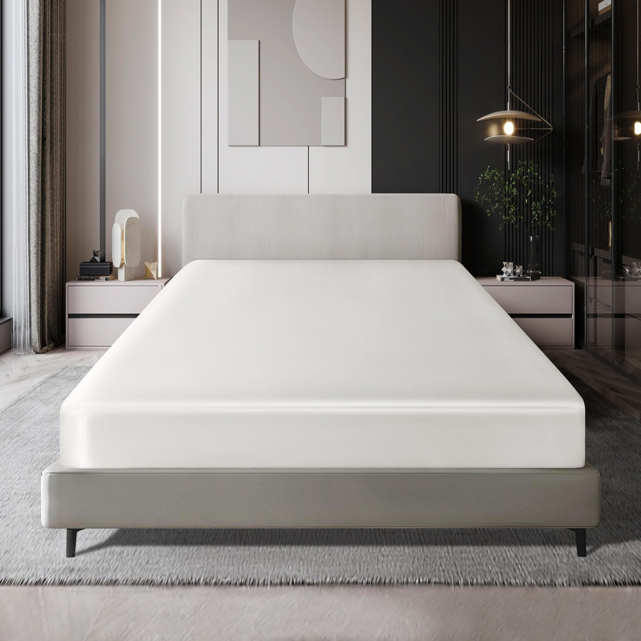 Milvowoc Queen Satin Fitted Sheet, Ivory White Fitted Sheet Only Soft Bottom Fitted Sheet, Fitted Bed Sheets - 1 Piece