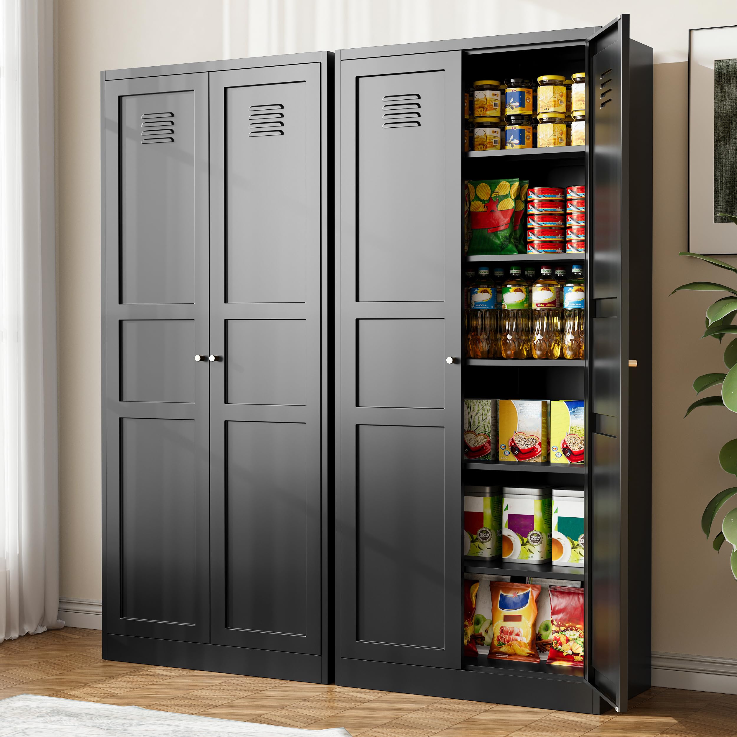 BYNSOE 71   Kitchen Pantry Storage Cabinet with 5 Adjustable Shelves Metal Pantry Storage Cabinet with Ventilation Cupboard Ca