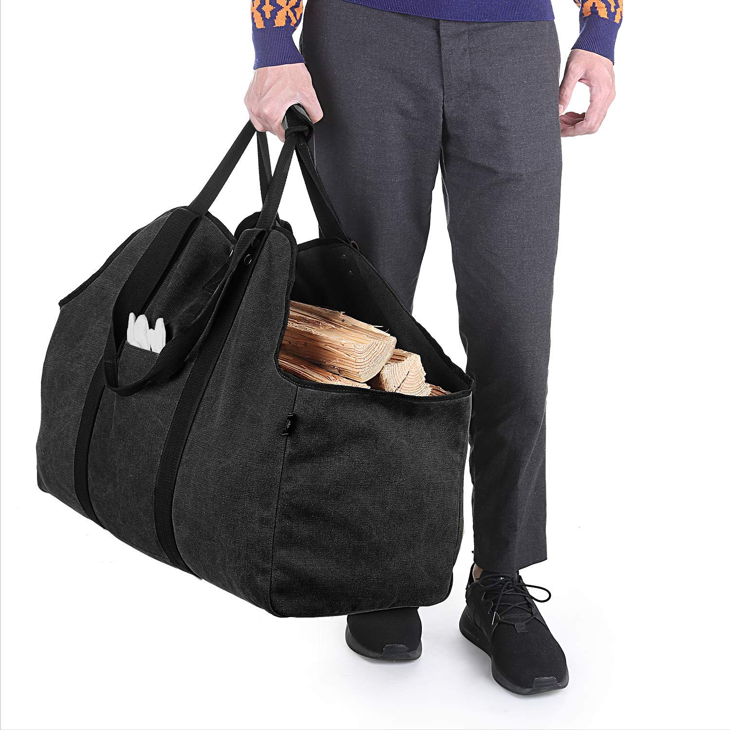 Bonthee Extra Large Waterproof Firewood Log Carrier Canvas Firewood Holder Indoor With Shoulder Strap And Top Handles Contained