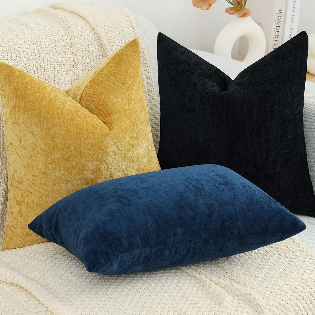 Decoruhome Couch Throw Pillow Covers 20X20 Set Of 2, Decorative Soft Chenille Solid Dyed Pillow Covers For Sofa Bed Living Room, Black