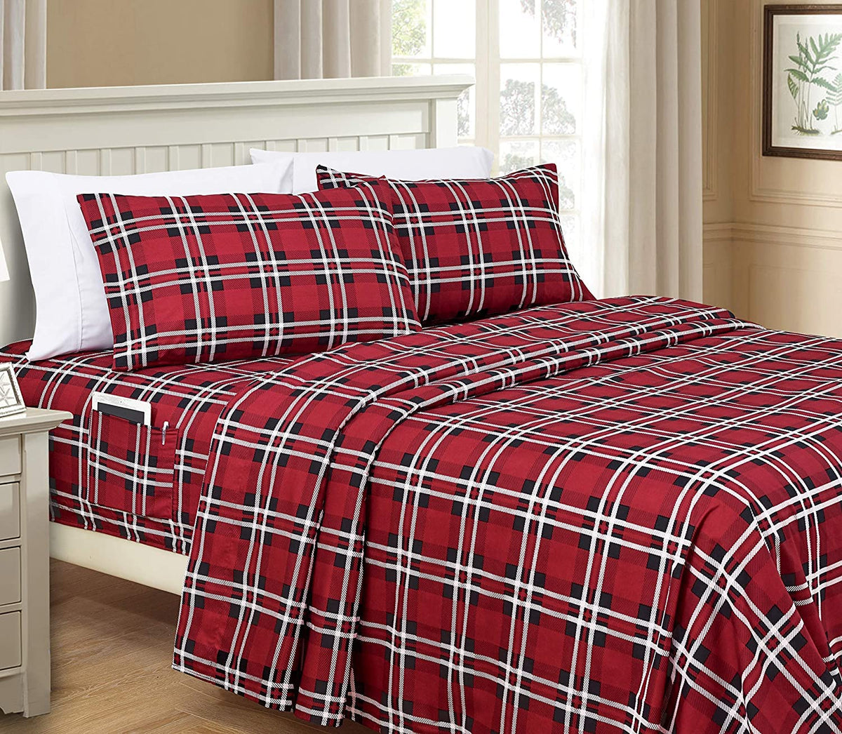 Elegant Comfort Lilliana Plaid 6-Piece Sheet Set, Supreme Coziness Fade & Wrinkle Resistant, 1500 Premium Hotel Quality Microfiber, Sheet Featuring Smart Pockets, Plaid Sheet Set, Twin Xl, Red