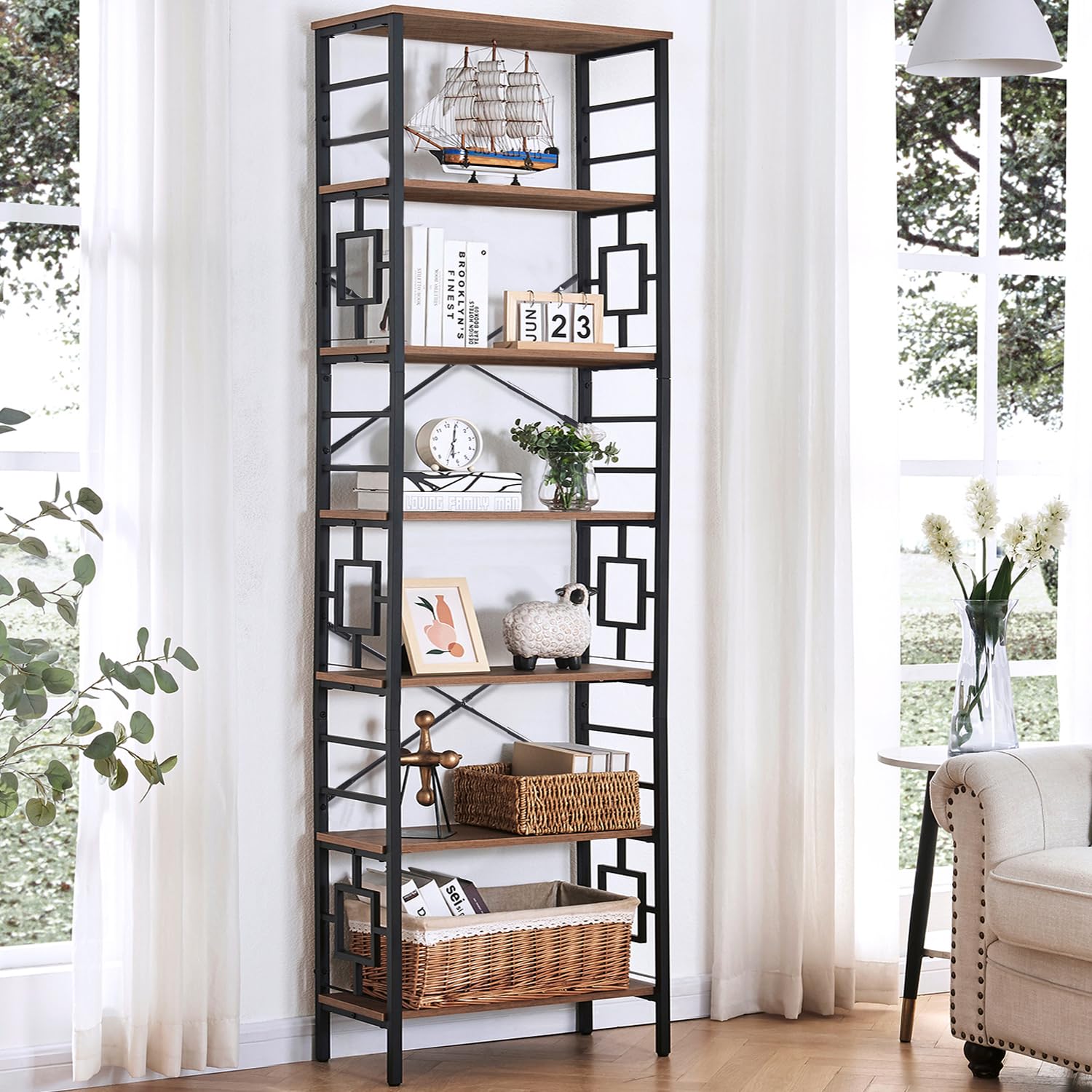 Homissue Tall Bookshelf, 84 Inch Industrial Bookshelf With Metal Frame And Open Shelves, 7 Tier Metal Bookshelves And Bookcases, Rustic Tall Book Shelf For Office, Living Room And Bedroom, Brown