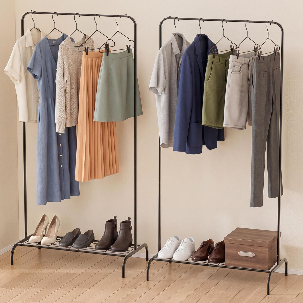 KWRRI Black Clothing Rack 2 Pack for Small Spaces, Freestanding Metal Garment Rack with Bottom Shelf, Stable Clothes Organizer f
