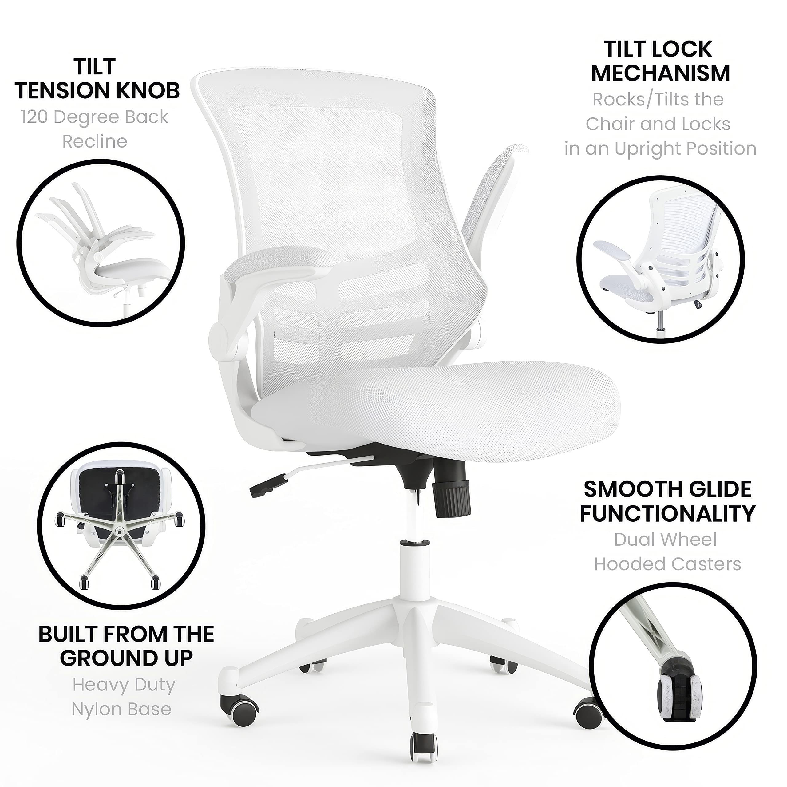 Flash Furniture Kelista Mid-Back Swivel Office Chair with Adjustable Lumbar Support and Seat Height, Ergonomic Mesh Desk Chair with Flip-Up Armrests, White