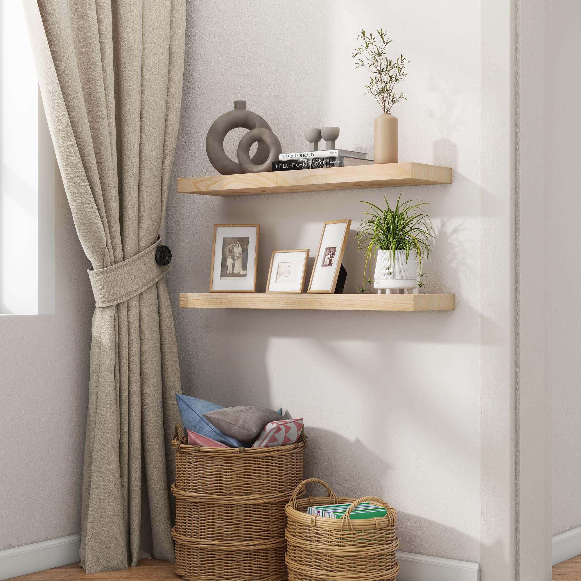 Fuqing Natural Wood Floating Shelves For Wall, 30 Inch Wood Floating Shelves Set Of 2, Natural Wooden Wall Shelves For Living Room Bedroom Home Office - Natural