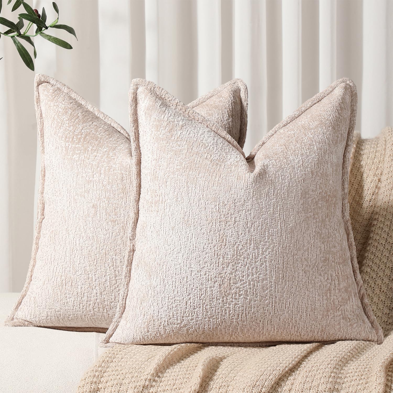 Dezene Pack Of 2 Tan Decorative Throw Pillow Covers 24X24 Cozy Soft Chenille Accent Vintage Square Couch Pillow Covers For Home