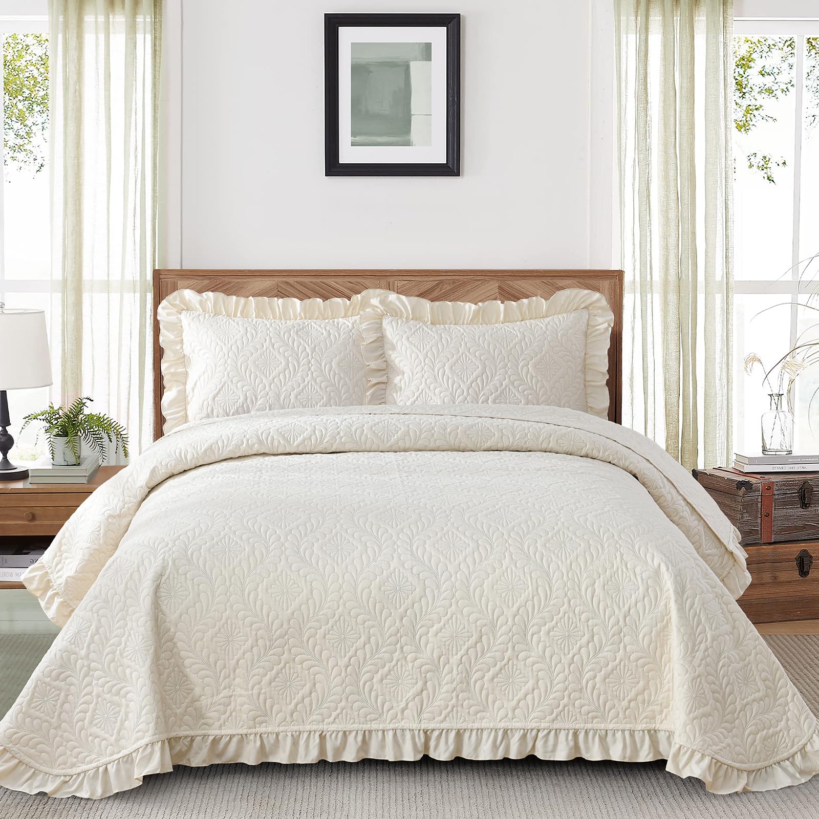 Djy California King Quilt Bedding Set, Beige Lightweight Soft Bedspread Coverlet, Basket Weave Quilted Blanket Thin Quilt Bed Co