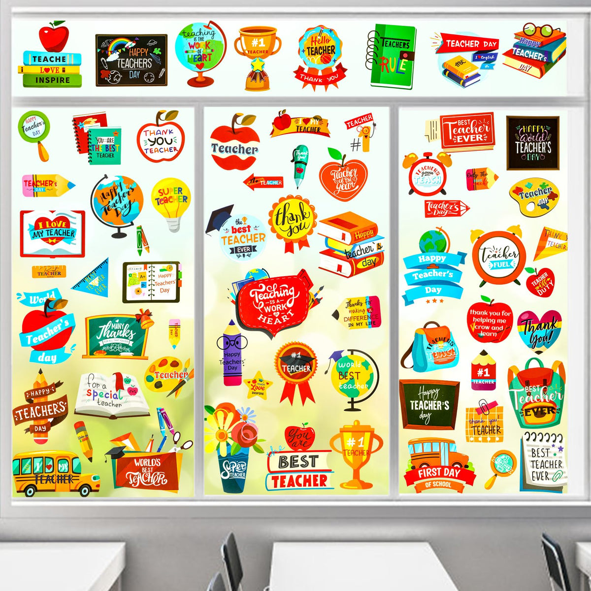 HOWAF 8 Sheets Back to Schoo Window Clings, Thank You Teachers Decoration Window Decals, Teachers Day Window Stickers for School