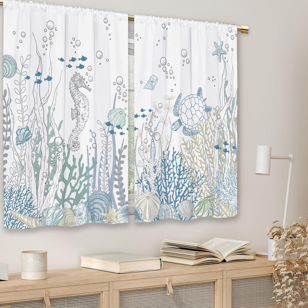 Laifzere Nautical Coastal Kitchen Curtains Ocean Starfish Seashell Small Short Cafe Window Curtains Beach Sea Seashell Rod Pocke