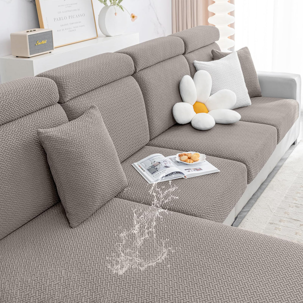 Smiry Waterproof Couch Cushion Covers, Stretch Jacquard Sectional Couch Covers, L Shape Chaise Lounge Sofa Slipcover, Washable Elastic Furniture Protector For Pets, Kid (Chaise Cover, Taupe)