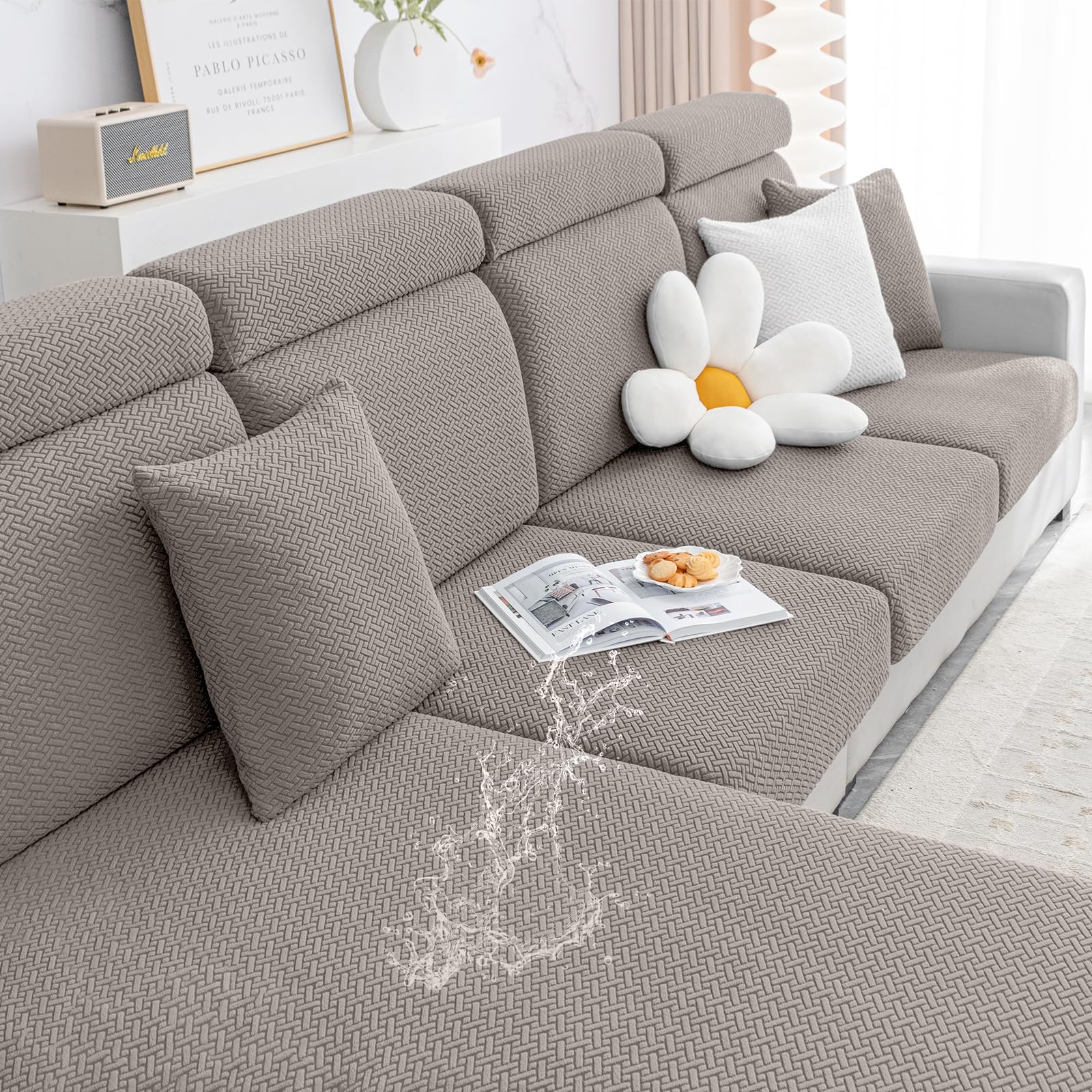 Smiry Waterproof Couch Cushion Covers, Stretch Jacquard Thick Sofa Cushion Covers, Washable Seat Cover Slipcover Elastic Furniture Protector For Pets, Kid (2Pc, Taupe)