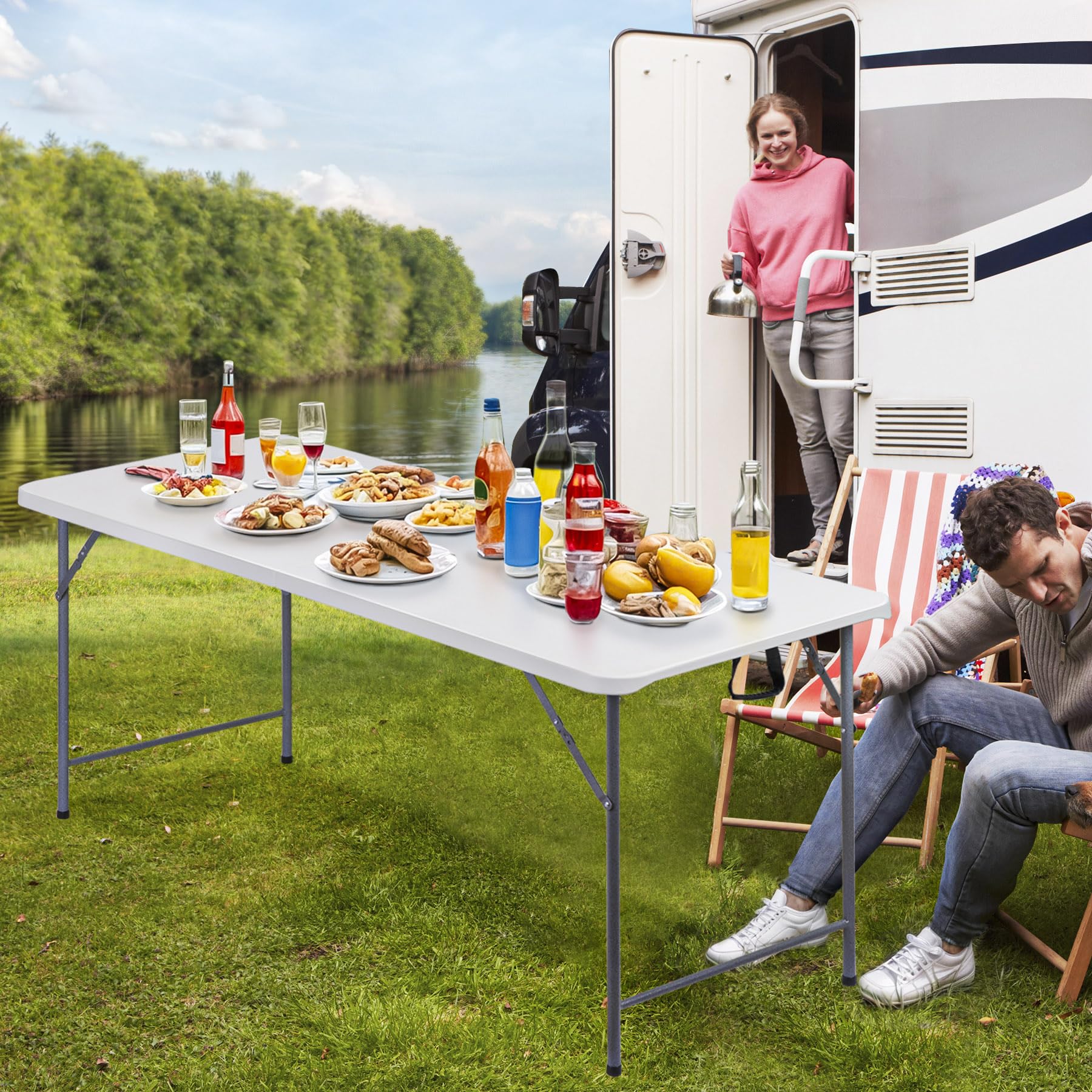 Zenstyle 6 Ft Adjustable Folding Table, Indoor Outdoor Portable Plastic Dining Card Table Utility Table For Camping Dining Event Party (71'X27', Rectangular)