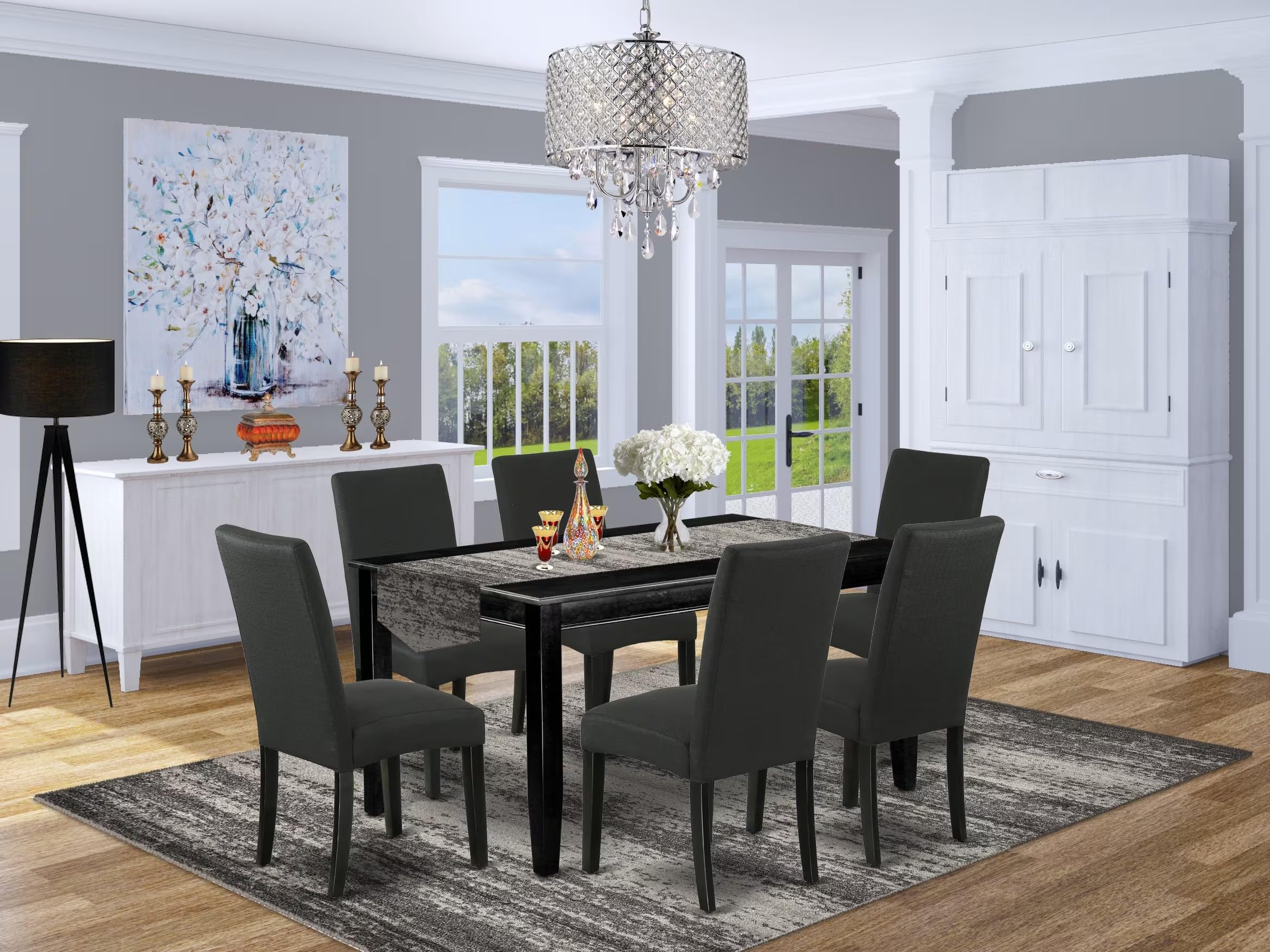 East West Furniture Dudr7-Blk-24 7 Piece Modern Dining Table Set Consist Of A Rectangle Wooden Table And 6 Black Color Linen Fabric Upholstered Chairs, 36X60 Inch, Black