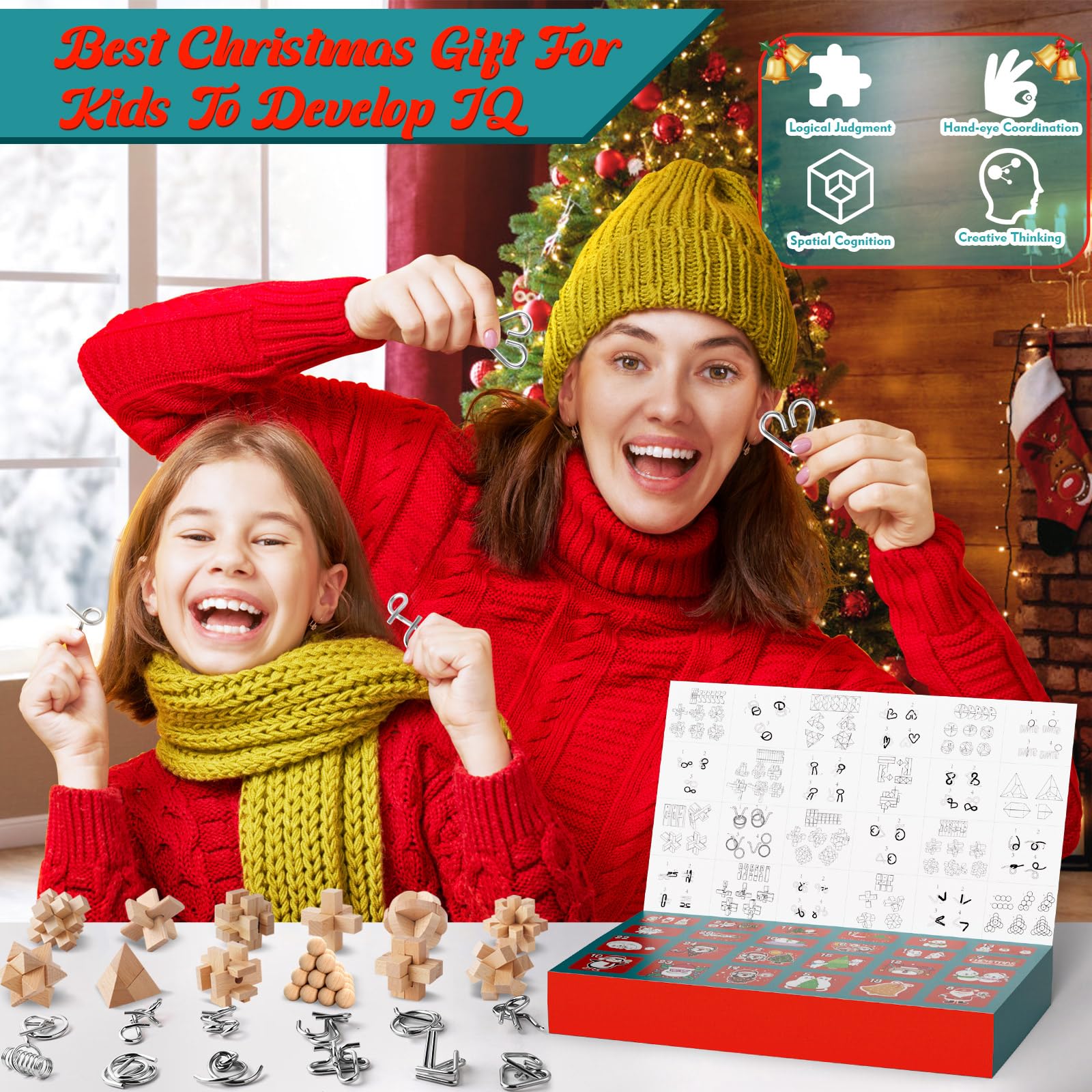 Brain Teaser Advent Calendar 2024 For Kids - 24 Days Of Christmas Countdown Calendar With 3D Metal And Wooden Puzzle Toys-Mind,I