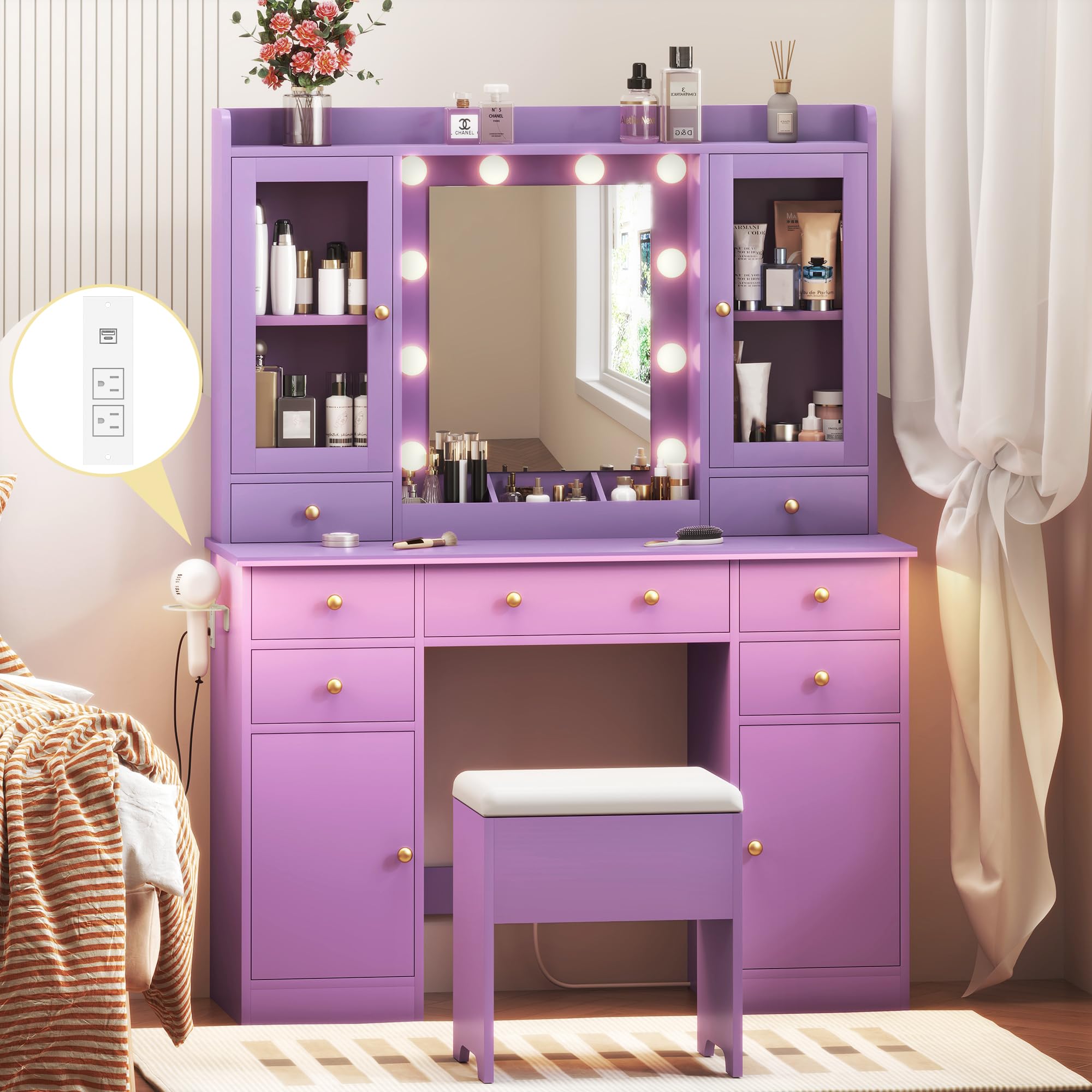 HUANLEGO Vanity Desk with Mirror and Lights, Purple Vanity Mirror with Lights Desk and Chair & Charging Station, Makeup Desk wit