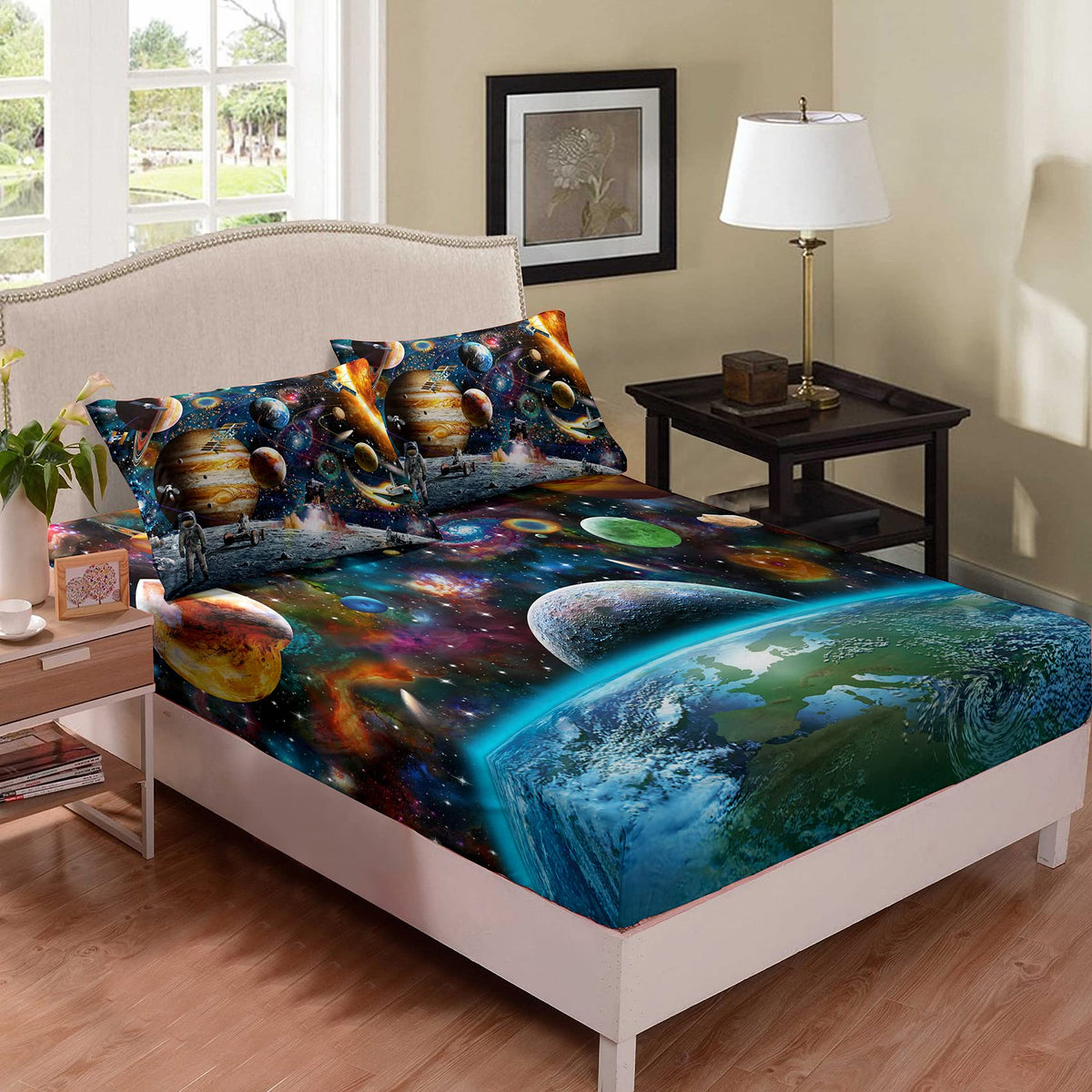 Tailor Shop Galaxy Twin Sheet Set For Girls Boys Kids,Space Fitted Sheet Sets,The Planet Earth Astronaut Stars Bed Set With 1 Fi