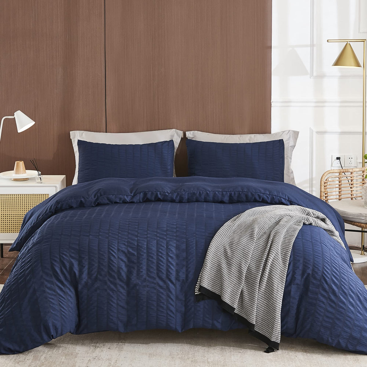Avelom Seersucker Duvet Cover Set Queen Size (90 X 90 Inches), 3 Pieces (1 Duvet Cover + 2 Pillow Cases), Navy Blue Ultra Soft W
