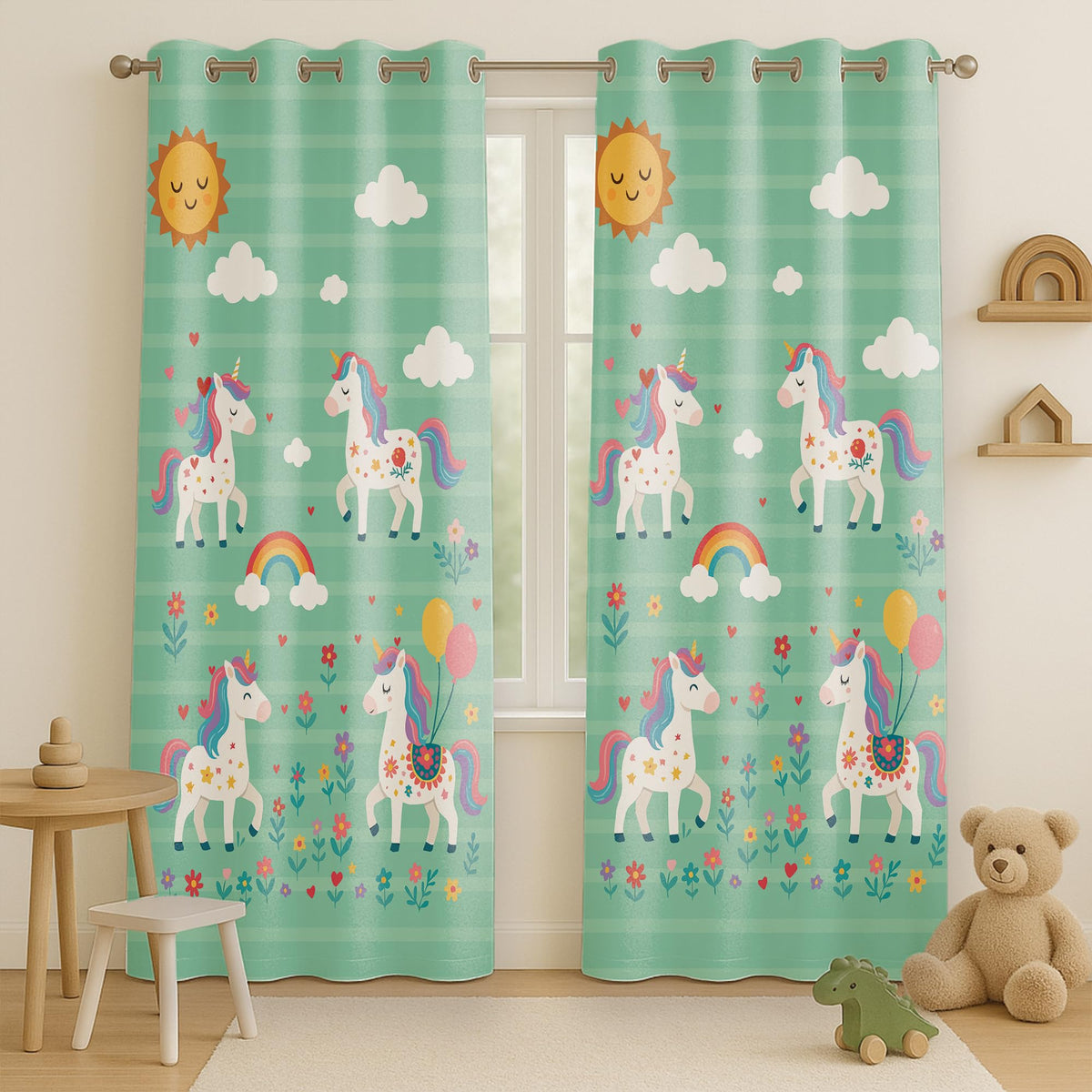 STITCHNEST Velvet Kids Curtains Pack of 1 | Unicorn, Rainbow & Balloon Print | Semi Blackout Curtains for Girls Room, Nursery &