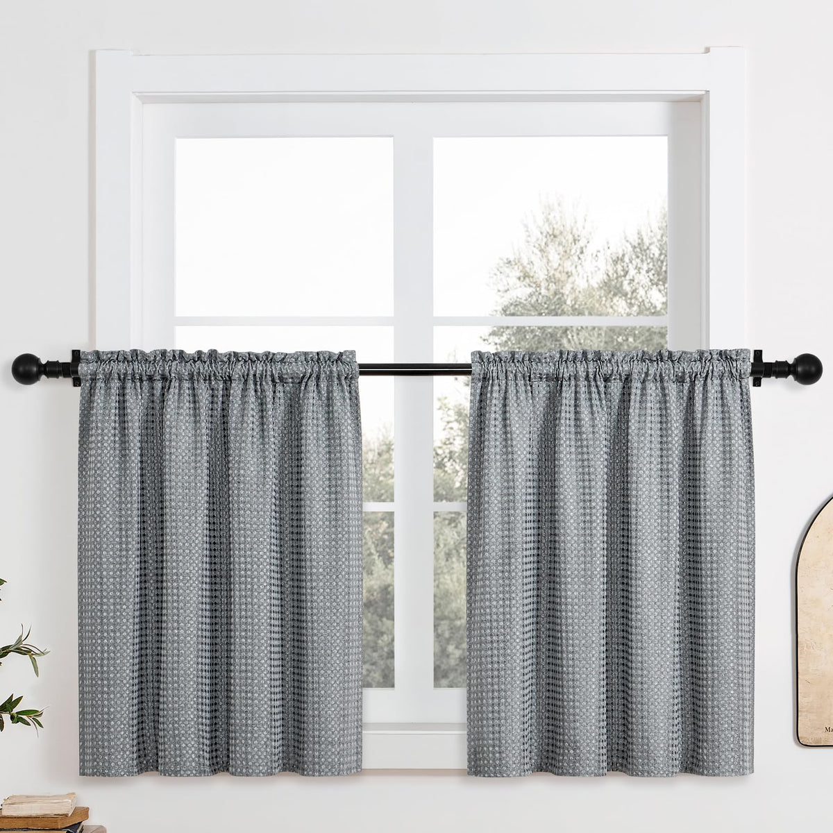 Home Queen Water Resistant Bathroom Window Curtains, Waffle Textured Half Tier Curtains For Kitchen, 36 W X 36 L Inches, Charcoa
