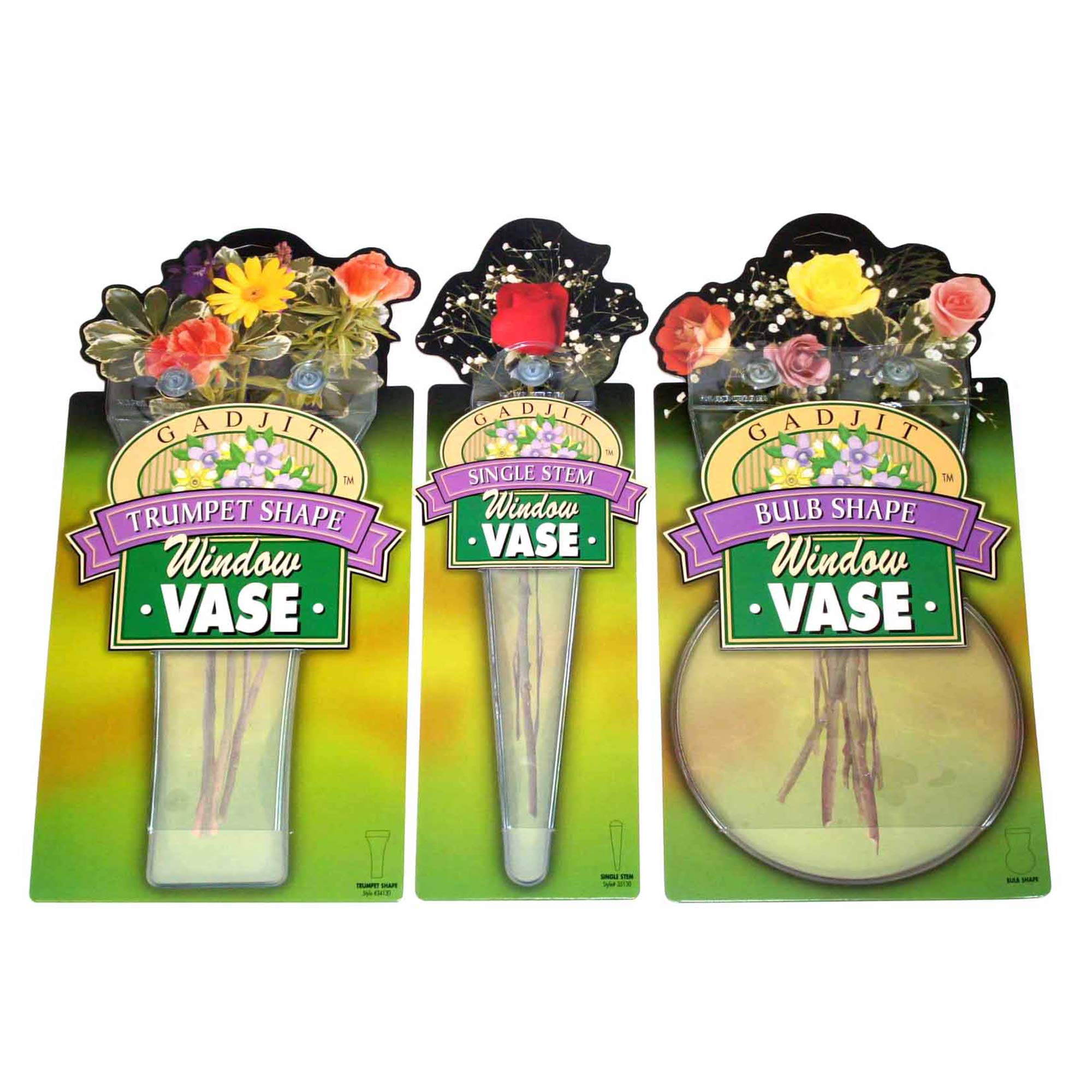 Gadjit VINYL Window Vases 3 Styles -- Vases Suctions to Windows and Mirrors, Made of Clear flexible vinyl, Holds flower stems, w