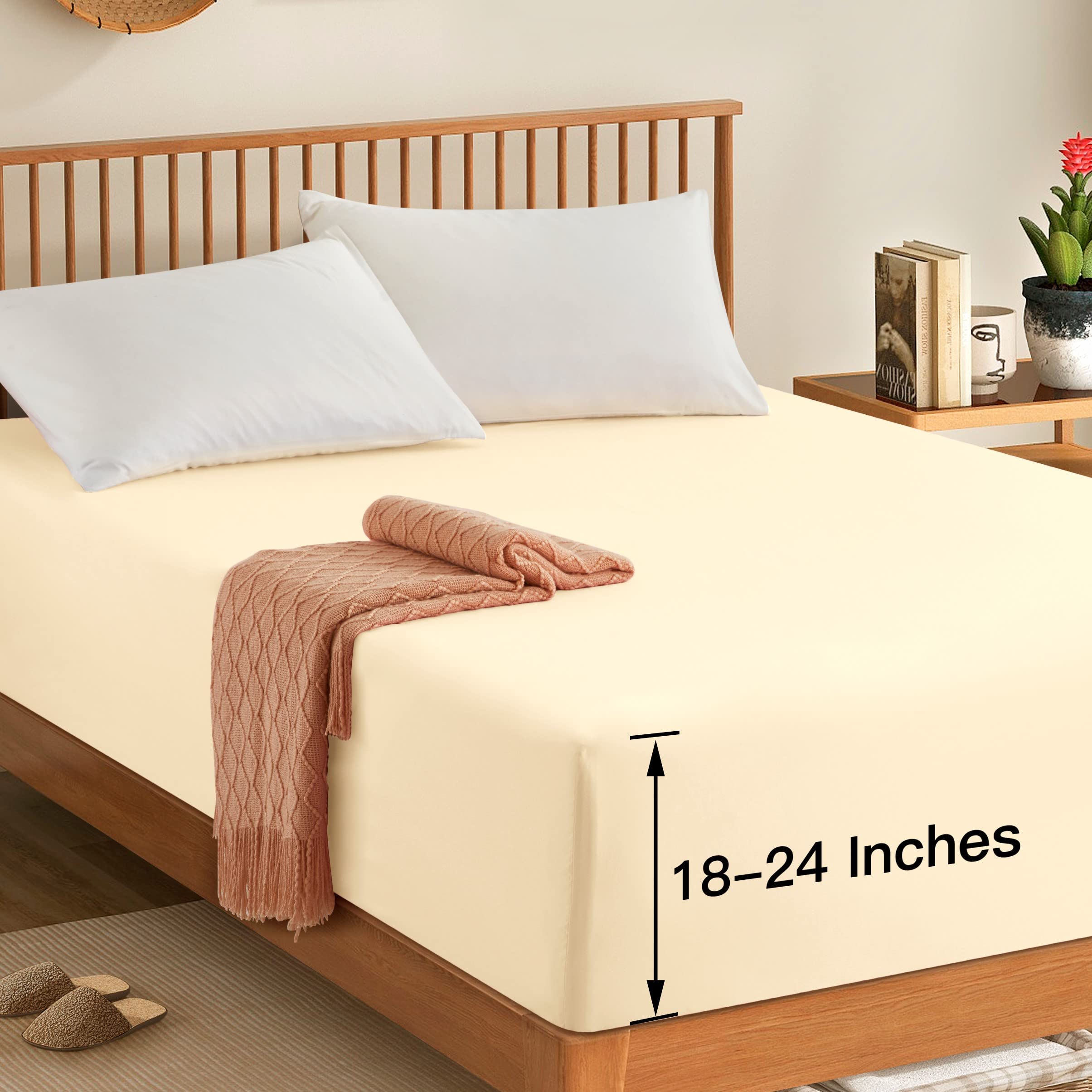 Manyshofu Queen Extra Deep Pocket Fitted Sheet Only - 1800 Thread Count Hotel Deep Fitted Sheet Up To 24 Inches Mattress, Light