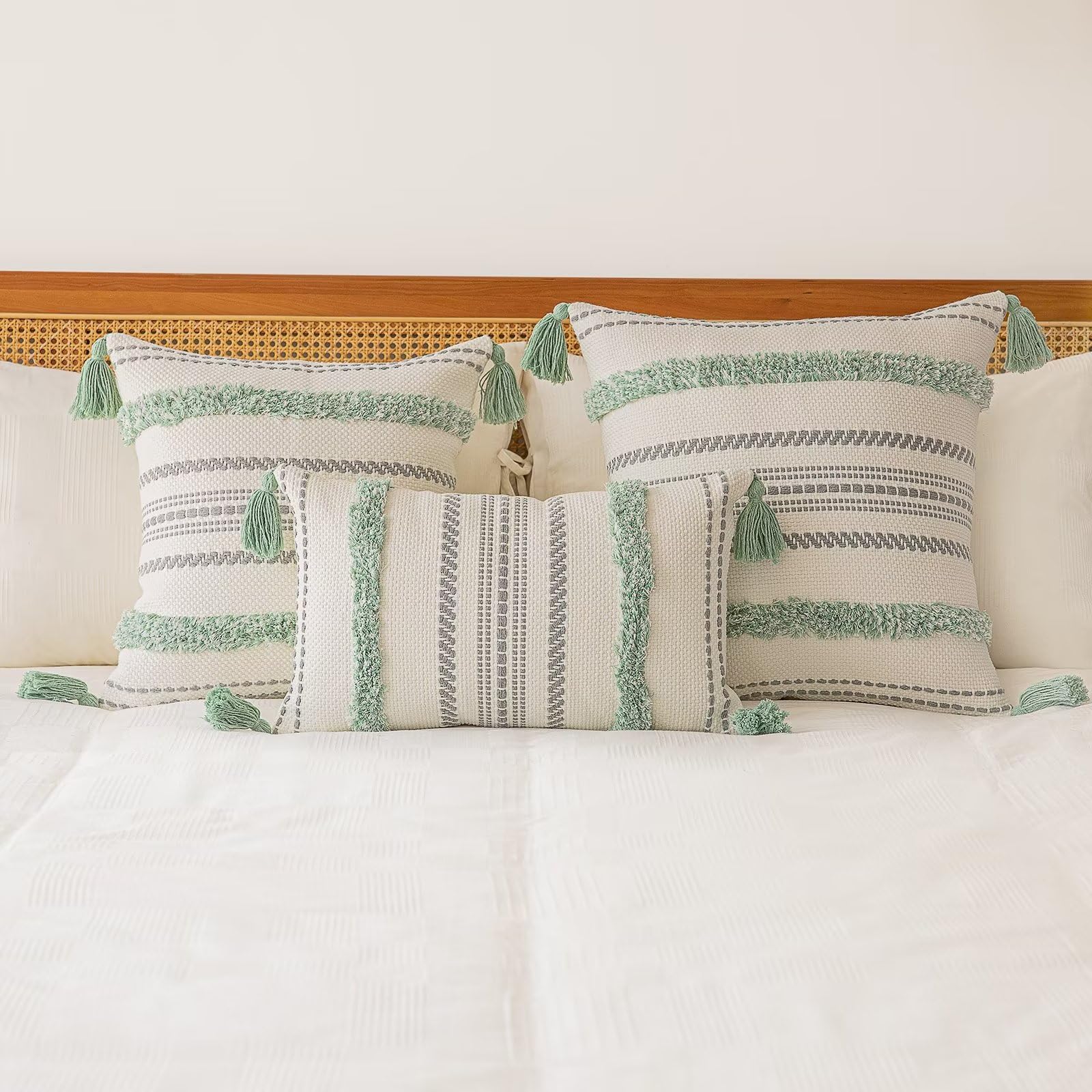 Buiovbey Boho Throw Pillow Covers 18X18 Set Of 2 Woven Tufted Farmhouse Pillows Cover With Tassels Textured Striped Cushion Case