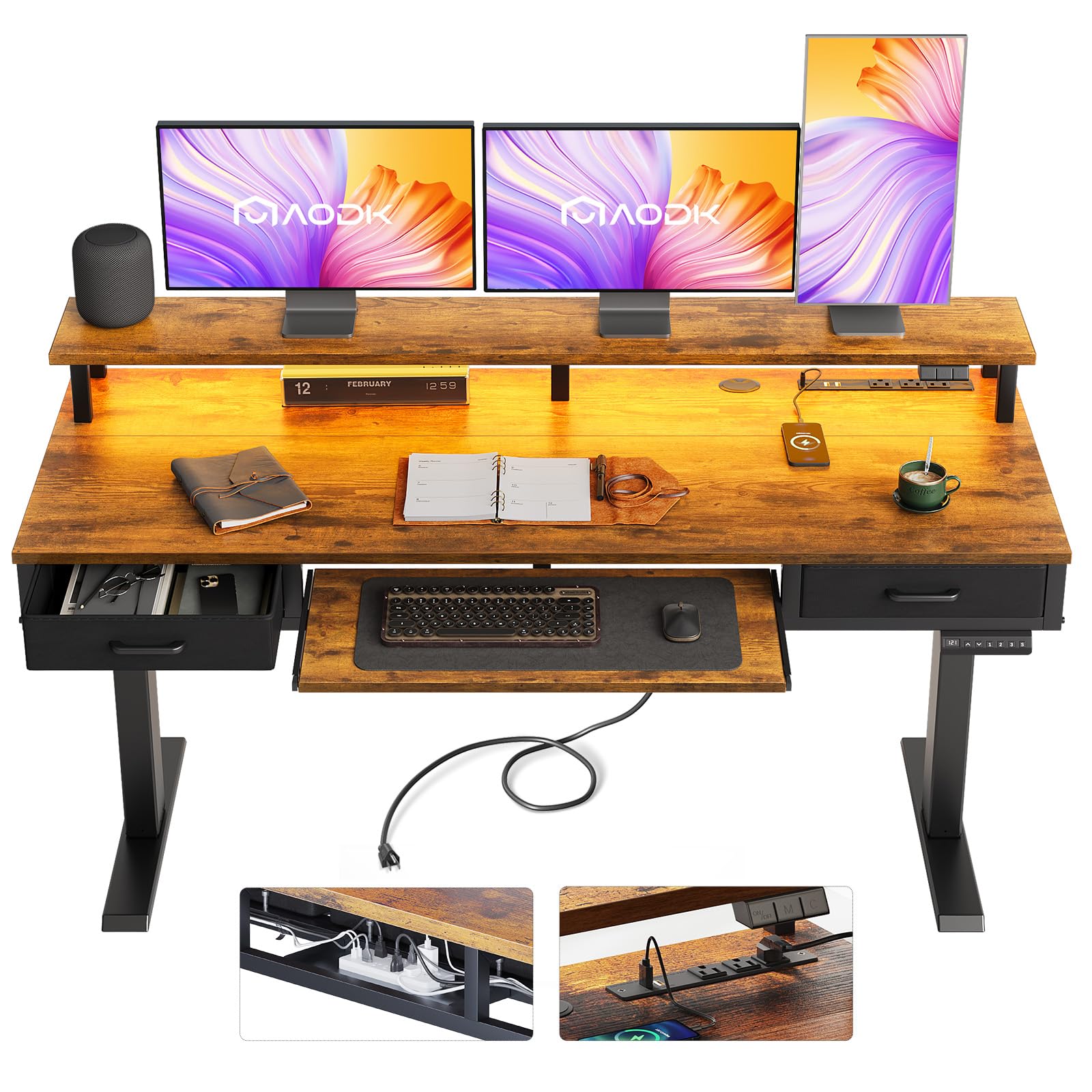 AODK Electric Standing Desk with Drawers & Keyboard Tray, 63 Inch Height Adjustable Gaming Desk with Power Outlets & LED Lights,