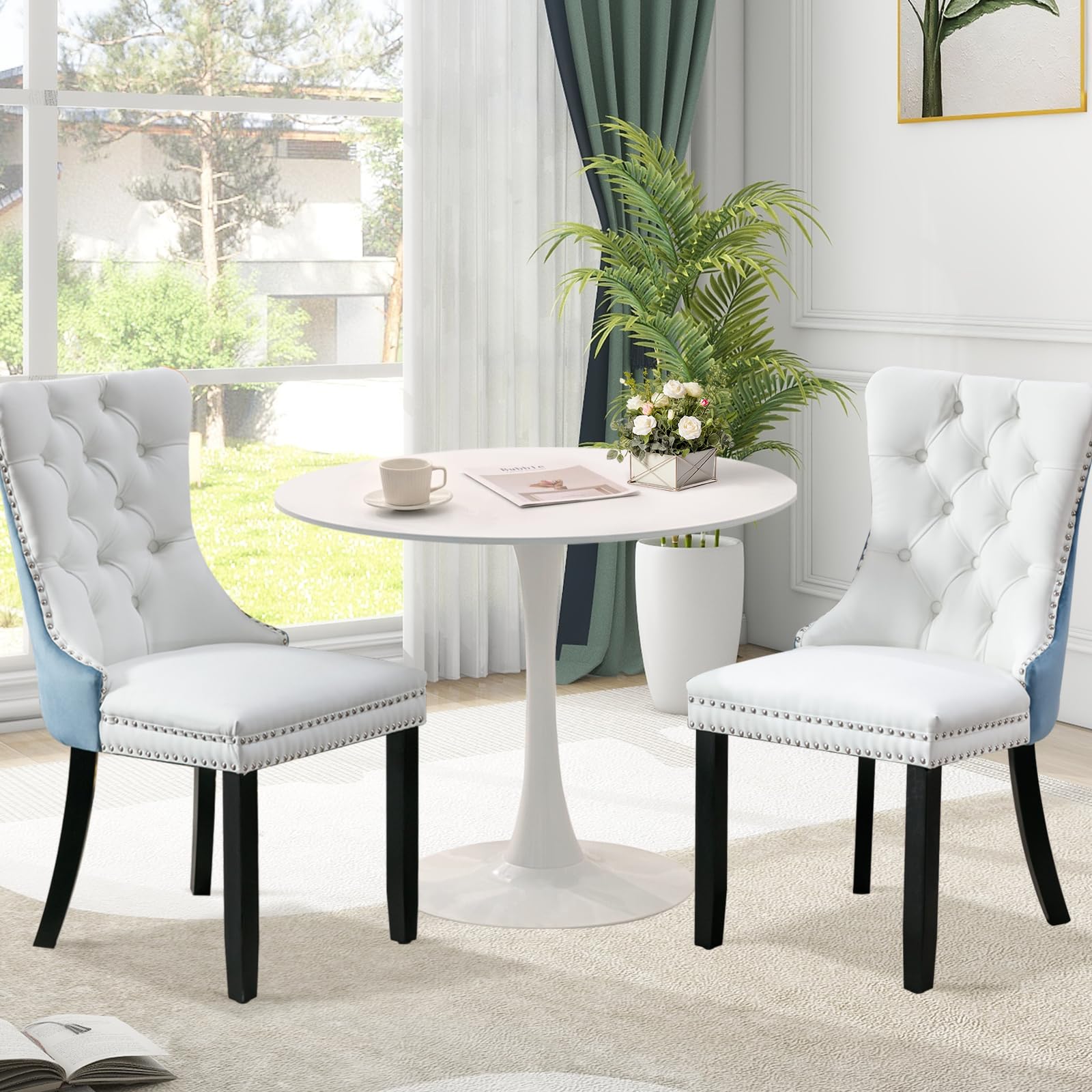 SoarTalent 3-Pieces 31.5 Round Dining Table Set for 2, White Dining Table & PU & Velvet Upholstered Dining Chairs Set of 2 for K