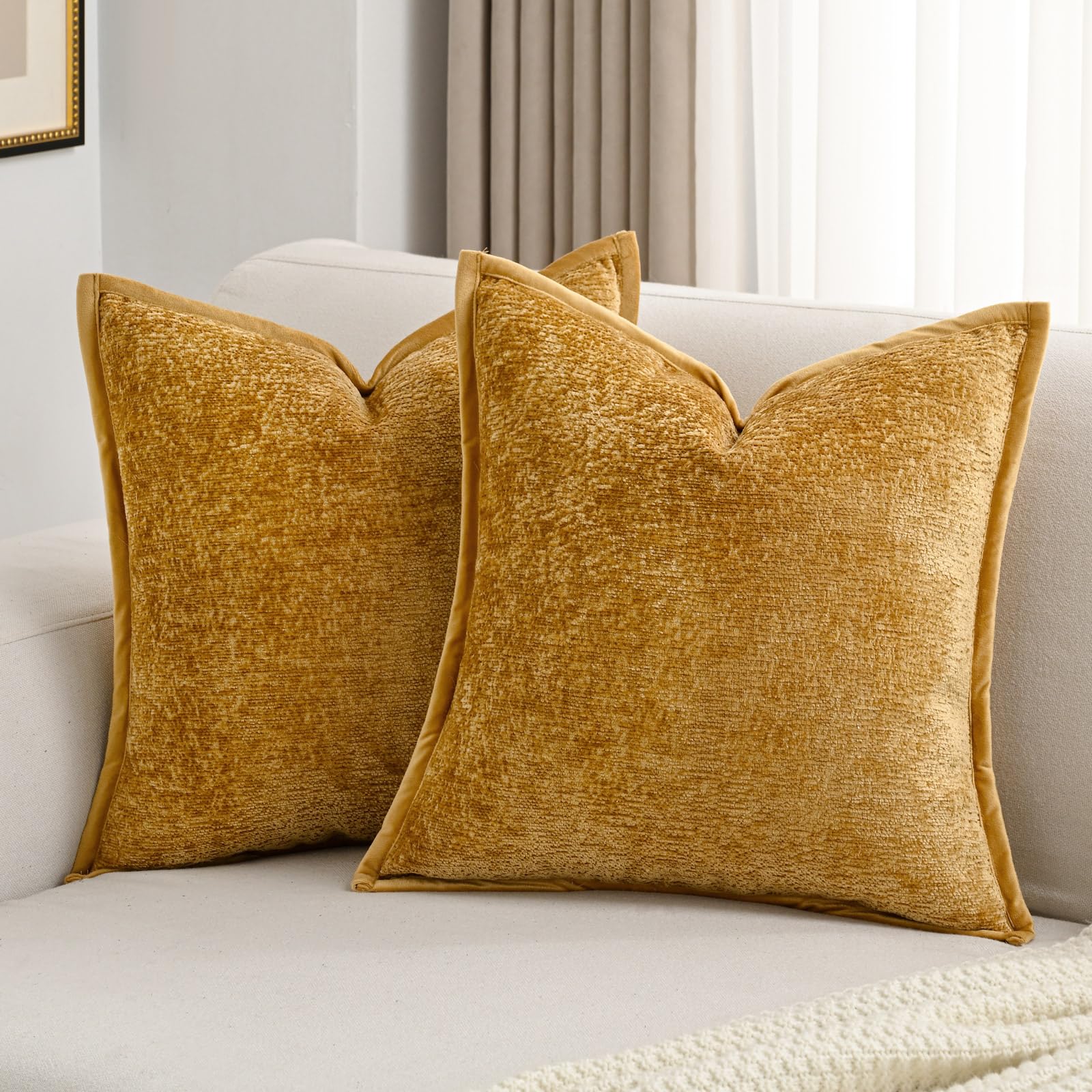 Futei Tobacco Chenille Throw Pillow Covers 24X24 Inch Set Of 2,Soft Velvet Euro Pillow Shams,Home Decor For Couch Bed Living Roo
